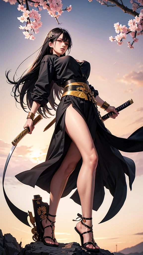 loose black pants with ribbons on the feet, he wears bamboo sandals as well as a long katana at his waist in a beautiful white tone with gold embroidery and engravings of the same tone on its scabbard and hilt, its guard is shaped like a cherry blossom, the blade of its katana contains the same tone as a real cherry blossom. He lacks upper clothing, showing his muscles.defined marks and scars along his exposed skin. His face is quite beautiful despite the scars on it, his long hair of a shiny black like the sunset is always tied up. by a hair tie, her diluted purple eyes accentuate her figure.

