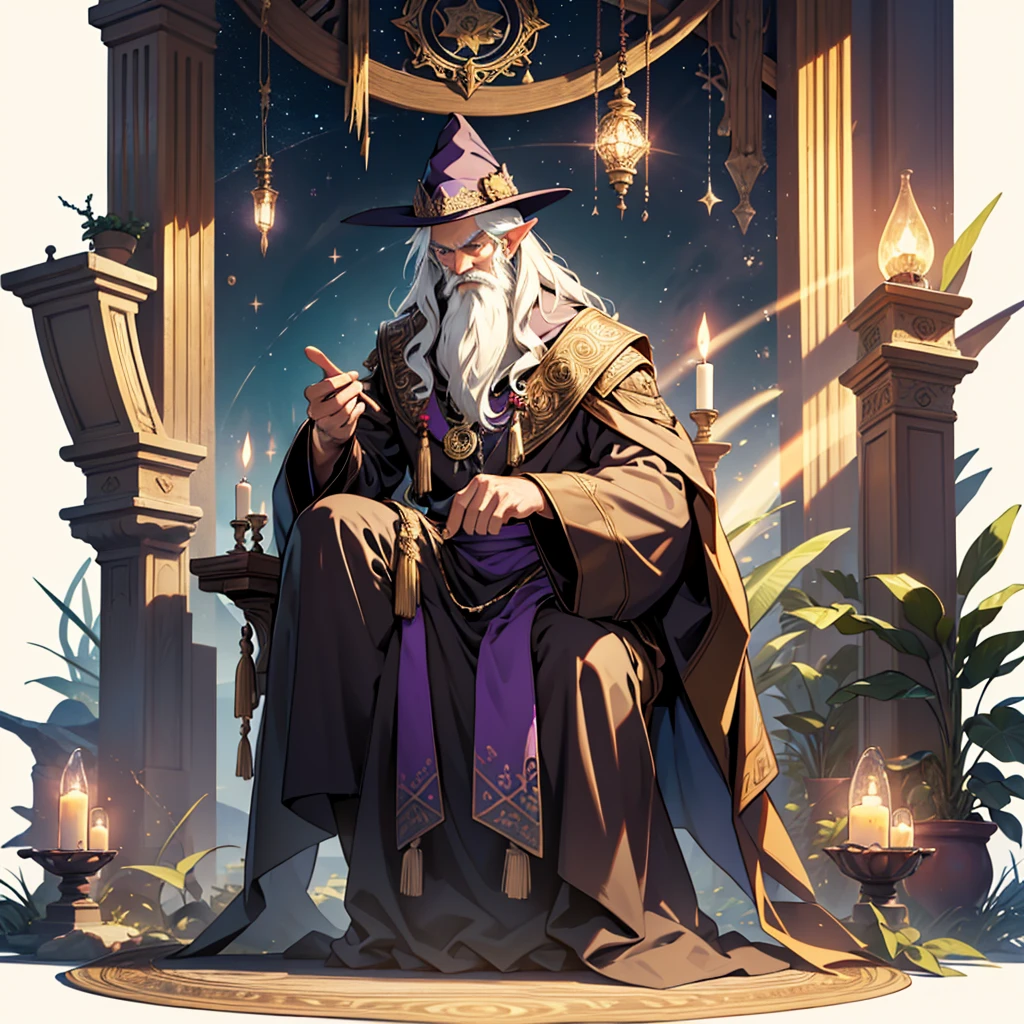 1 man, Alone, very old human wizard, very long purple wizard robe, light brown magic blanket, magic staff in hand, big red hat of magician room with many books, books with gold, dimensional portal of light from which mountains emerge, forest, rio, desert, sea animals and fish, the magician is standing on symbols drawn with gold on the ground, luz outfit, candles, cinematic light, magician with very long white beard, very long white eyebrows, very long white hair, clothes with stars and decorations, hands with rings, necklaces, amulets, magic vases, potions, plants, elves, fairies, Ghosts, orbs and lights floating, one hand up and one down, intricate design, realist, 3D, maximum detail, maximum resolution, table with 10 letters and 22 numbers, a square, a circle and a cube, human ears, eyes with green glow and trail, planets and sky on the ceiling, Detailed description,
