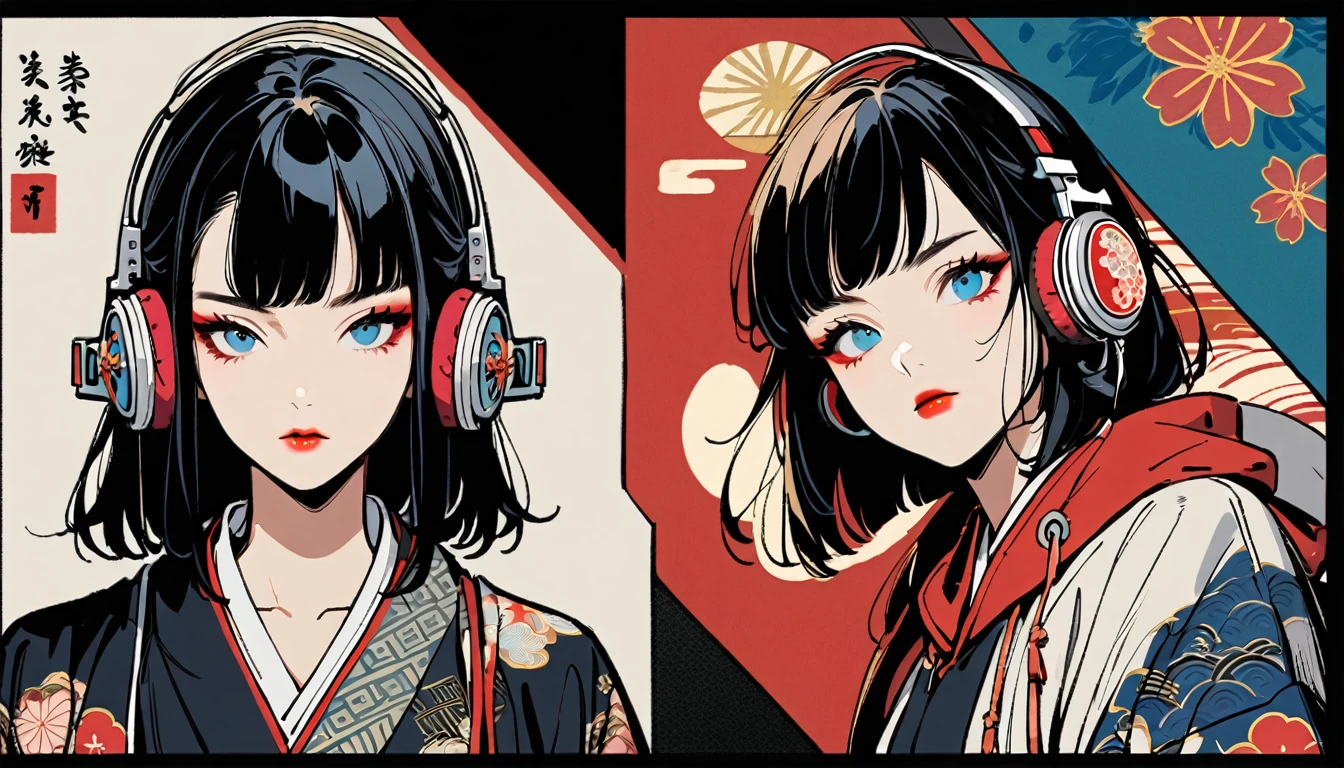 (((1 girl))), (((Flashy makeup))), (((Japanese style headphones))), (((Japanese pattern hoodie))), (((Japanese sword))), (((Female samurai))), Japanese beautiful girl, Black Hair, Delicate and precise, Modern ukiyo-e style, Japanese flag, red and blue neon