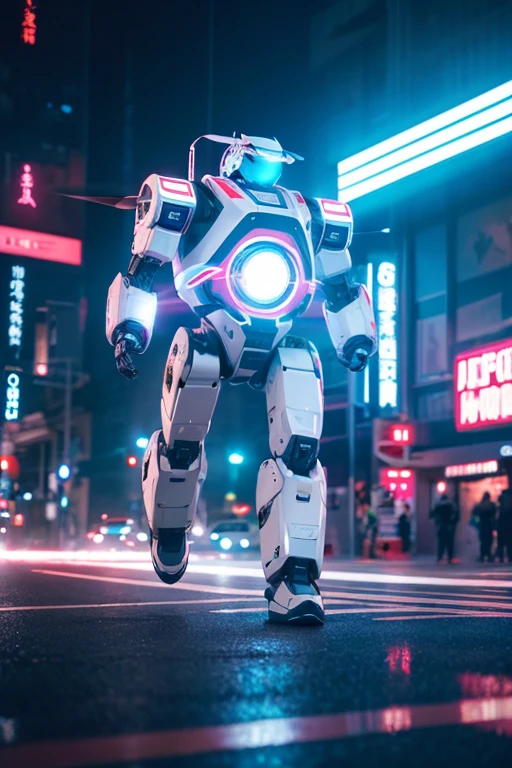 Giant humanoid robot running。
White body color。
Booster pack on the back。
cyber cityscape。
Lens flare。
Streaks。
Neon Signs。
typography。
The drone is flying。
Bloom, Dithering, scan lines, Anaglyph, Cinematic light effects, Godley, reflected light,
