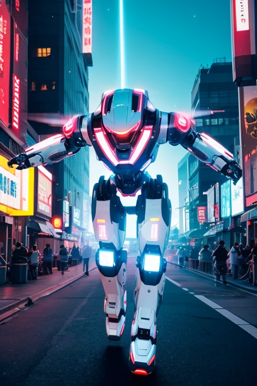 Giant humanoid robot running。
White body color。
Booster pack on the back。
cyber cityscape。
Lens flare。
Streaks。
Neon Signs。
typography。
The drone is flying。
Bloom, Dithering, scan lines, Anaglyph, Cinematic light effects, Godley, reflected light,