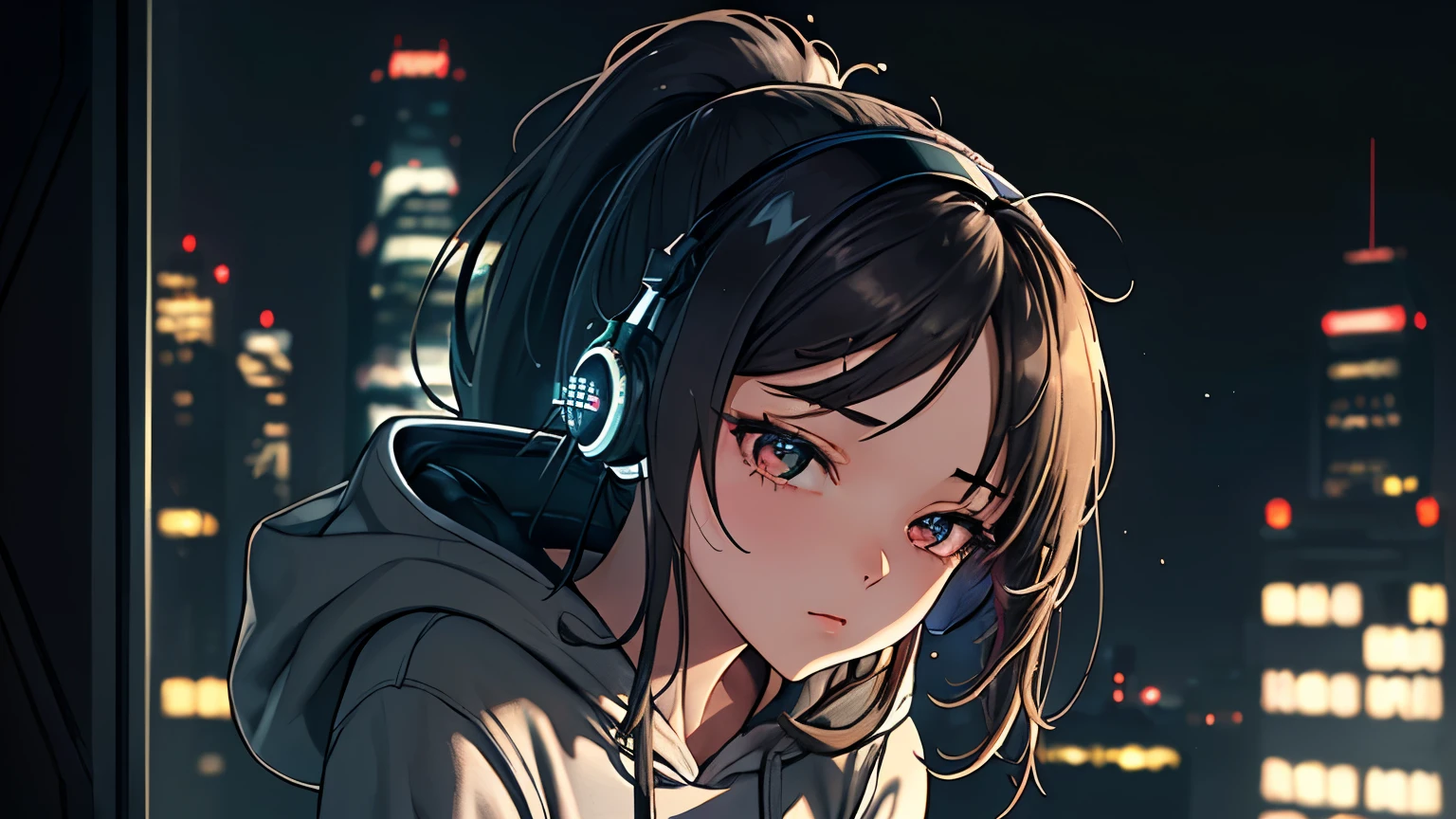 (Excellent: 1.2), (Highest Quality: 1.2), (Super Detailed: 1.2), (A girl living alone with headphones, brunette, medium hair, ponytail, grey hoodie, long sleeves), (Coffee, neon lights, late night, beautiful skyscrapers outside the window, large room, darkness), (Lo-fi art style), (Perfect shading, highly detailed CG, masterpiece)