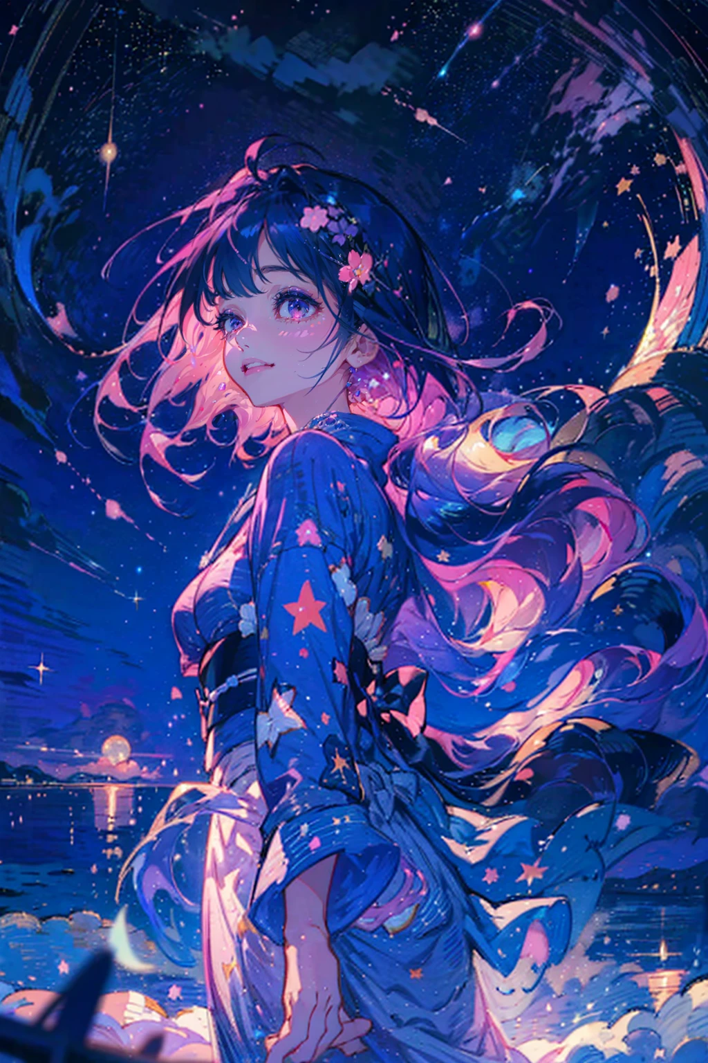 One girl,alone,nice,yukata,Perfect Face,Perfect Fingers,look up,She is looking at the sky,Starry Night,Starry Night,Low - Angle,Incite,wonderful、Pink Sky、Pink yukata gaze, smile, tears, Very long hair, High resolution, masterpiece, Pink Sky、shooting star