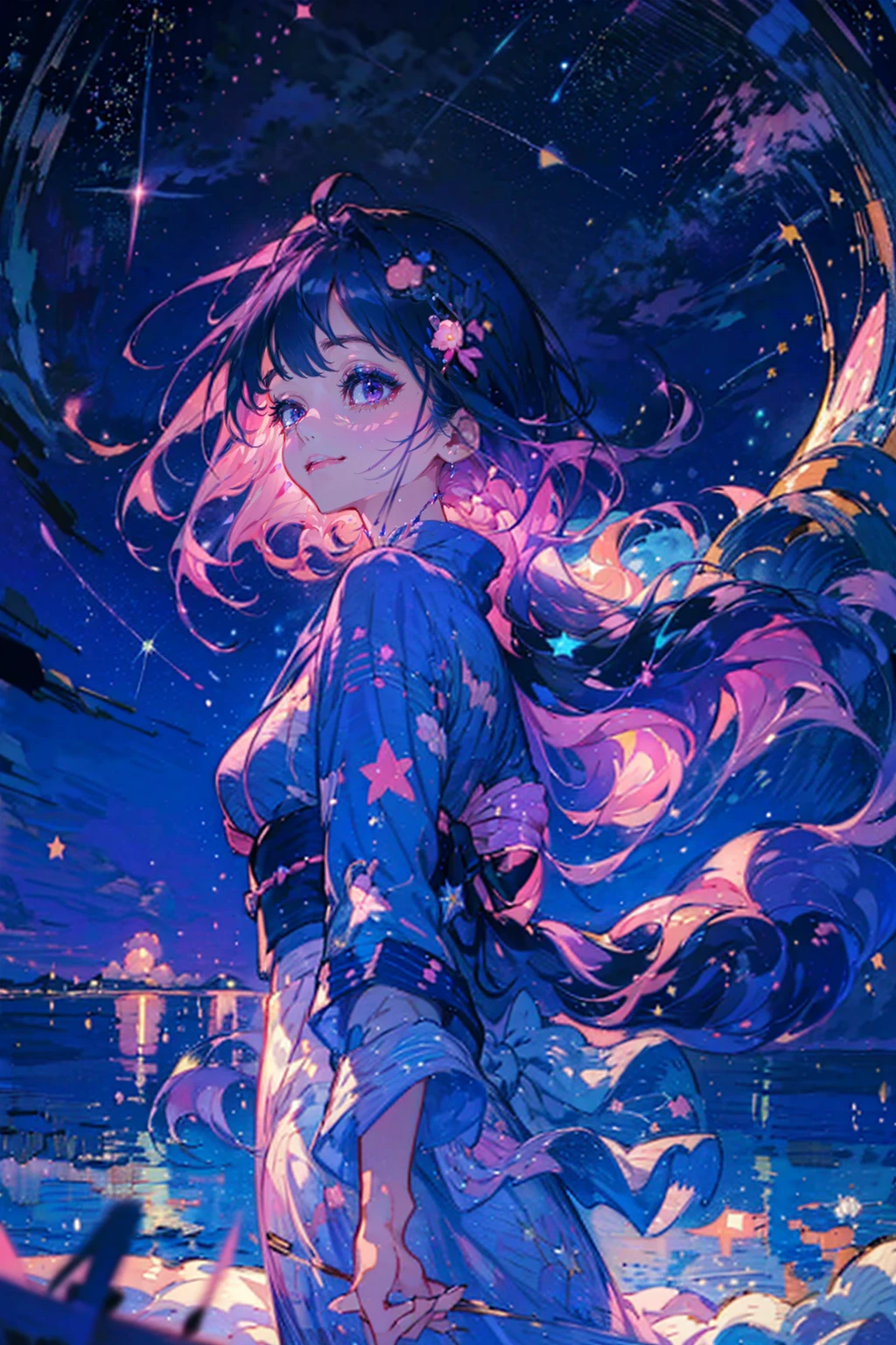 One girl,alone,nice,yukata,Perfect Face,Perfect Fingers,look up,She is looking at the sky,Starry Night,Starry Night,Low - Angle,Incite,wonderful、Pink Sky、Pink yukata gaze, smile, tears, Very long hair, High resolution, masterpiece, Pink Sky、shooting star