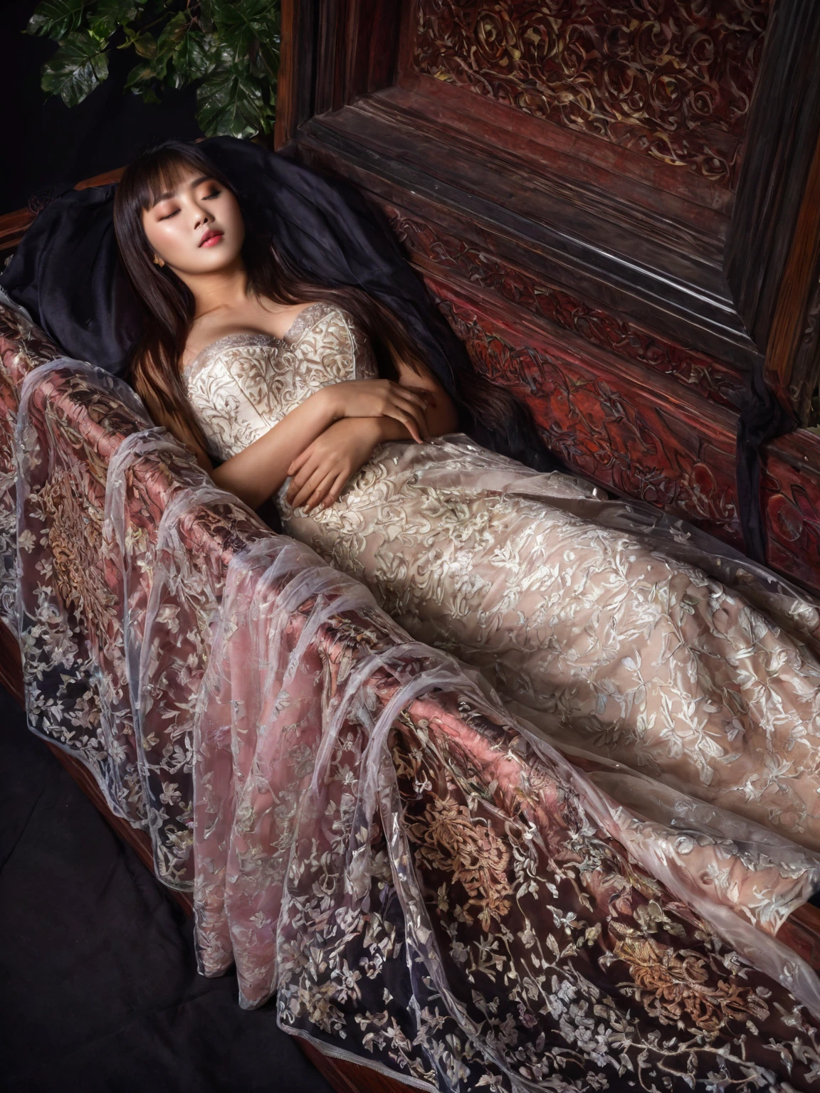 In a striking 8K HDR scene, a stunning Korean woman, 22 years old, lies peacefully in a coffin and coffin cover surrounded by plush pillows. The deep box is set against a rich black background, accentuating the beauty of the subject. Her exquisite deep-V neckline kebaya attire is embroidered with superb detail, showcasing her round and firm breasts, perfect cleavage, and beautiful eyebrows. Her closed eyes and mouth give an air of serenity, while her visible and absolute cleavage leave nothing to imagination. The scene is bathed in saturated colors, highlighting every intricate aspect from the ball skirt to her clean face, straight body, detailed hand perfect hands, straight body, own hands together, own hand on stomach, detailed hands, perfect hands.