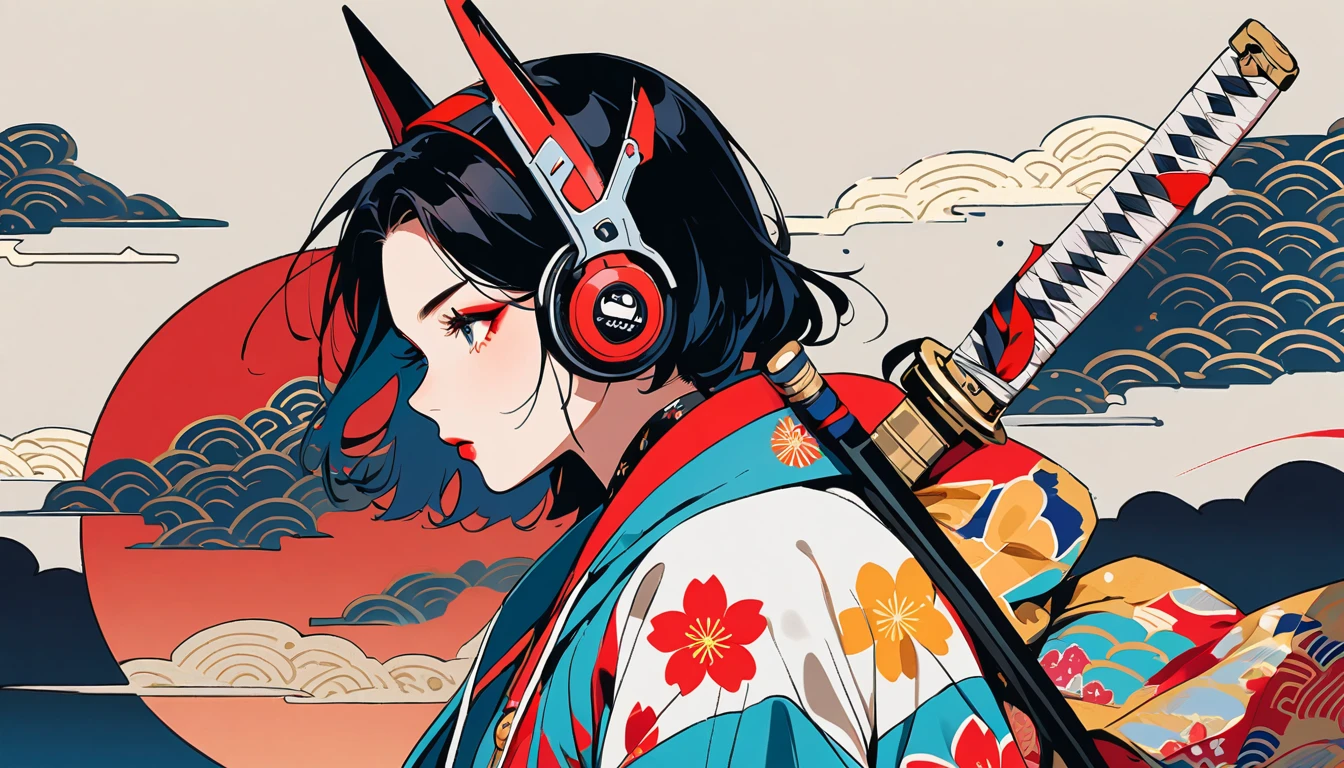 (((1 girl))), (((Flashy makeup))), (((Japanese style headphones))), (((Japanese pattern hoodie))), (((Japanese sword))), (((Female samurai))), Japanese beautiful girl, Black Hair, Delicate and precise, Modern ukiyo-e style, Japanese flag, red and blue neon