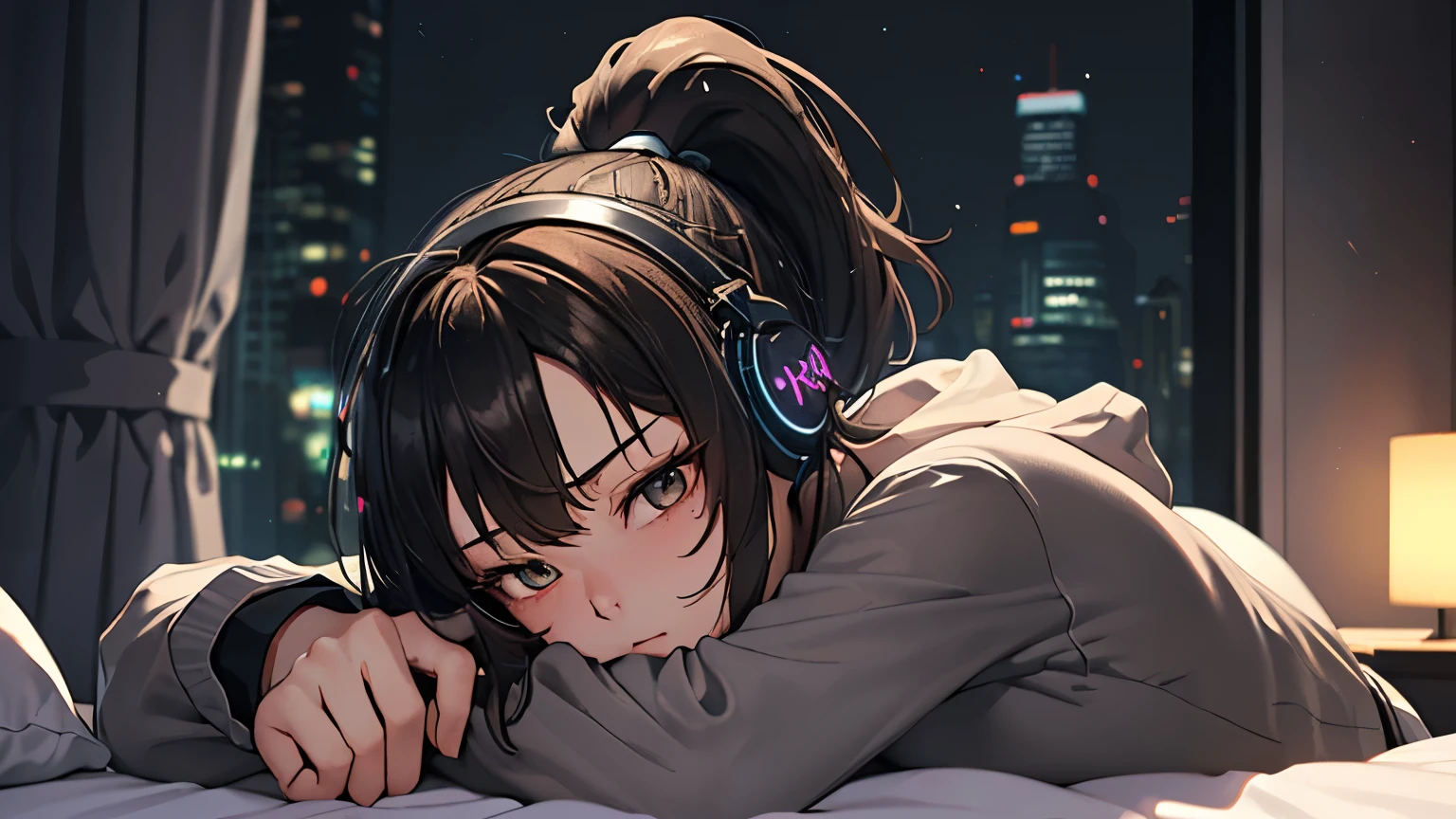 (Excellent: 1.2), (Highest Quality: 1.2), (Super Detailed: 1.2), (A girl living alone with headphones, brunette, medium hair, ponytail, grey hoodie, long sleeves), (Coffee, neon lights, late night, beautiful skyscrapers outside the window, large room, darkness, lying in bed), (Lo-fi art style), (Perfect shading, highly detailed CG, masterpiece)