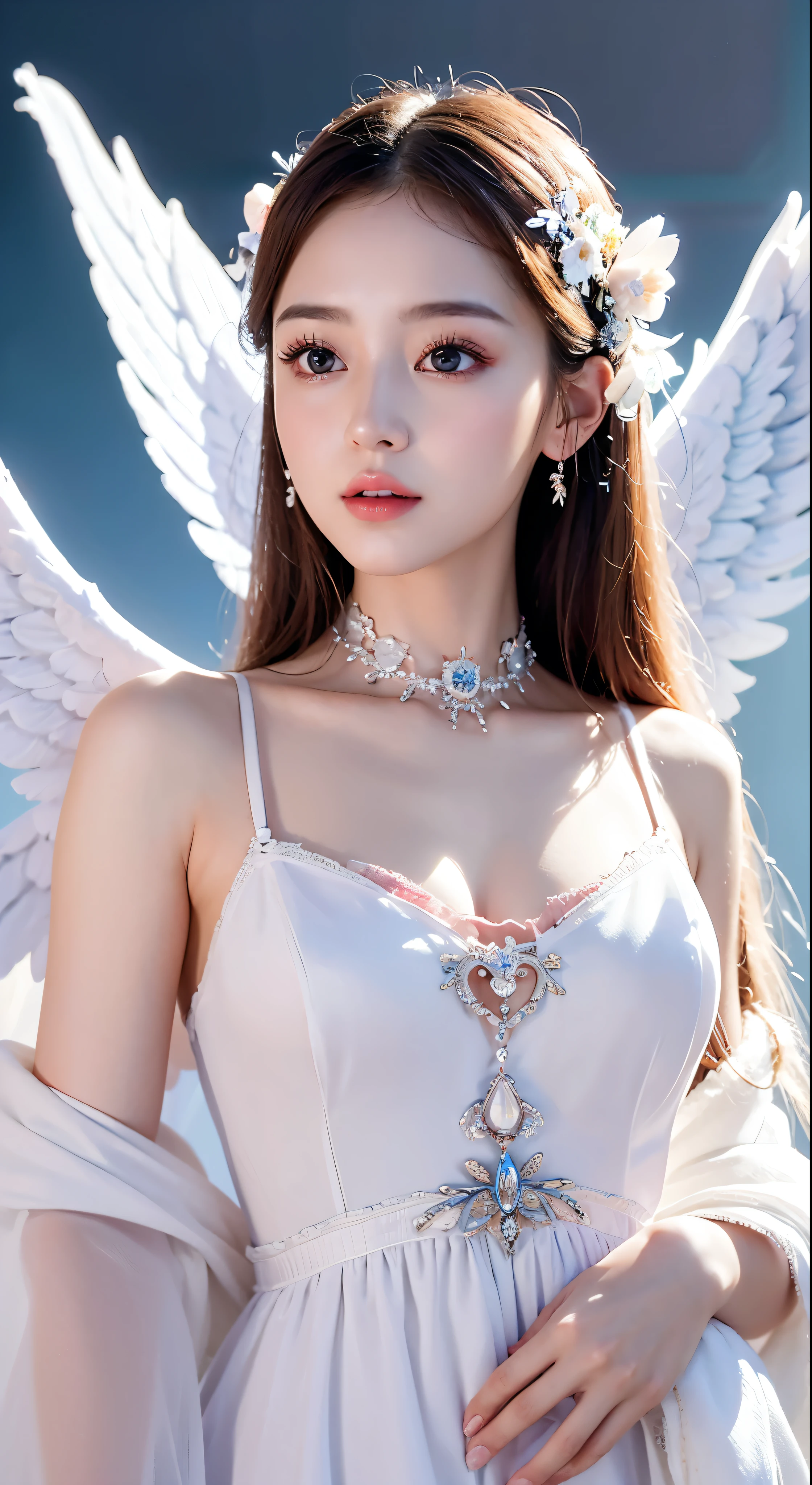 ((raw photo)), ((masterpiece)), anthropomorphic humanoid AngelGirl wearing white noble robe, intricate detail, futobot, intricate Greebles pieces, sky behind, pink, beautiful wings, detailed eyes and lips