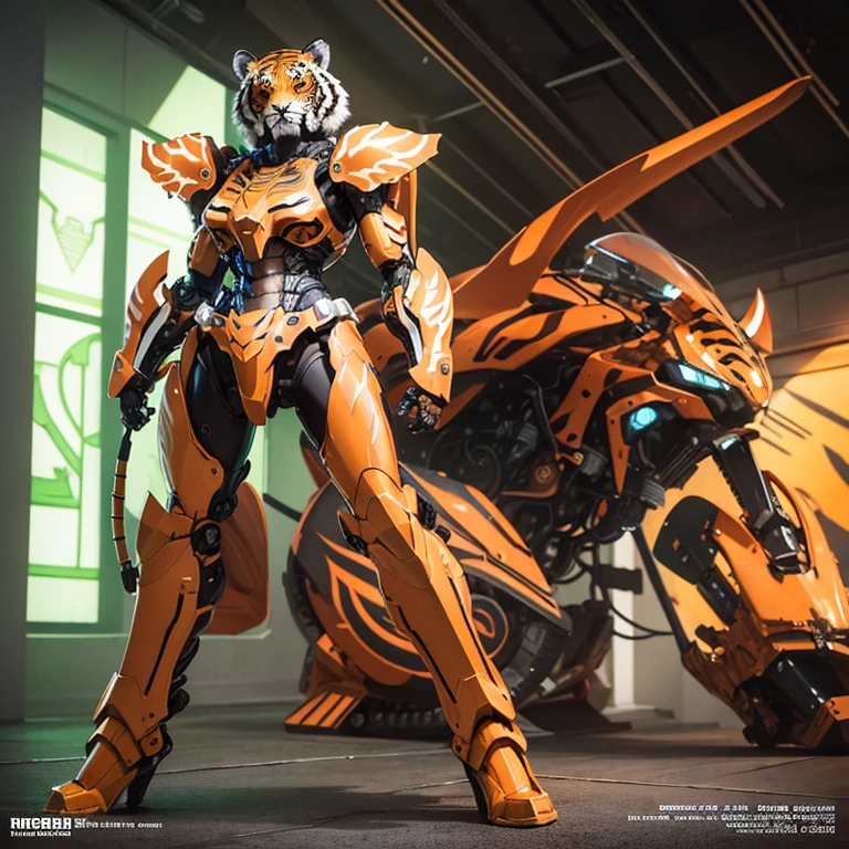 full body, Exposed breasts, Short-haired girl, Brown Hair, Tiger-themed mecha, High resolution, accurate, Anatomically correct, 最high quality, detail, 高いdetail, high quality, Multiview, Exposed shoulders, Exposed Skin, Neon Light,