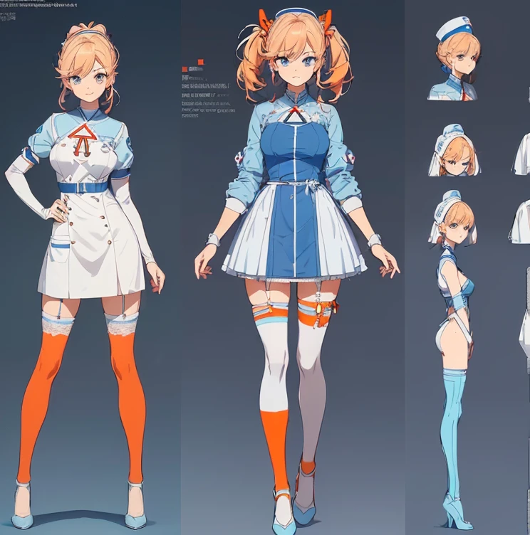 ((Masterpiece, Highest quality, Accurate, UHD)),
((character design sheet: 1.2), (Line Art), (Detailed character sheet), (anime studio style)),
((Simple background), (sketch art:1.2)),
((multiple view:1.2), (full body:1.2), (detailed face), (3 different angles), (body parts), (full esbian body), (full of details), (multiple items), (multiple poses and expressions)),
((accurate anatomy, best anatomy hands, accurate eye, best anatomy eye)),
(do not go beyond the edges of the image:1.65), (rating:safe),
1 girl, medieval character
a Nurse, Light blue and white nurse uniform, carrying a bag of medical equipment, so cute, (Two orange ponytails), Stethoscope at the neck, ((Light Blue Lace stockings, Decorated with Red Cross))