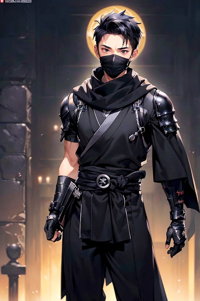 (((masterpiece; best quality: 1.2))), (finely detailed eyes: 1.3), ((1 young man)), ((solo)), (black eyes: 1.4), (body shape; lean, masculine: 1.3), (very short black hair: 1.3), (beautiful and clear background: 1.2), ((depth of field)), (equipment: black shinobi clothing + fully covered + black kimono + black pants + black scarf + black mask + black bracers + black fingerless gloves: 1.3), (anime illustration: 1.2), (background composition; old japanese mansion + night: 1.1), (extremely fine and handsome: 1.1), (shot composition; standing, holding mask beside head + centered on torso + close-up: 1.5), (facial expression; calm, stoic: 1.2)