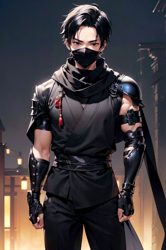 (((masterpiece; best quality: 1.2))), (finely detailed eyes: 1.3), ((1 young man)), ((solo)), (black eyes: 1.4), (body shape; lean, masculine: 1.3), (very short black hair: 1.3), (beautiful and clear background: 1.2), ((depth of field)), (equipment: black shinobi clothing + fully covered + black kimono + black pants + black scarf + black mask + black bracers + black fingerless gloves: 1.3), (anime illustration: 1.2), (background composition; old japanese mansion + night: 1.1), (extremely fine and handsome: 1.1), (shot composition; standing, holding mask beside head + centered on torso + close-up: 1.5), (facial expression; calm, stoic: 1.2)