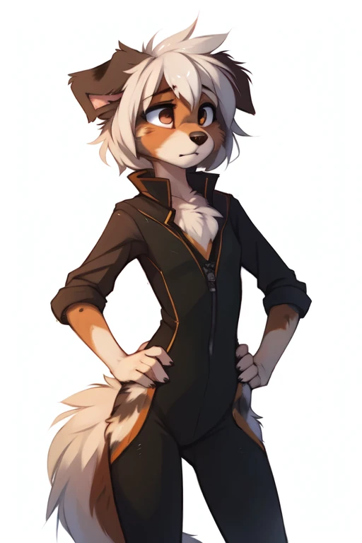 (((White background, no background))), High quality, 8K, by kenket, by swaybat, by reysi, by Zackary911, by hyattlen, by teranen, by fumiko, by Pixelsketcher, by Bayard Wu, by Einshelm, by Kilinah, by Hioshiru, by fluff-kevlar, by Dimwitdog, Furry, Anthro, solo, ((australian shepard)), ((female)), ((young)), fluffy tail, slender, ((short white hair)), chest fluff, short, small breasts, green lace body suit, self conscious, unhappy, hand on hip, thigh gap