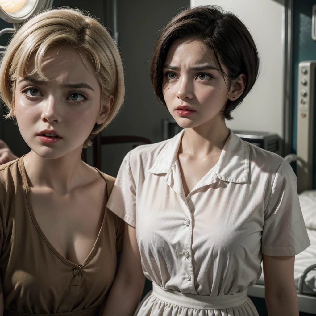 At the 1950s retro tv show, Girl, short hair, hospital clothes, angry look, blood coming out of her nose