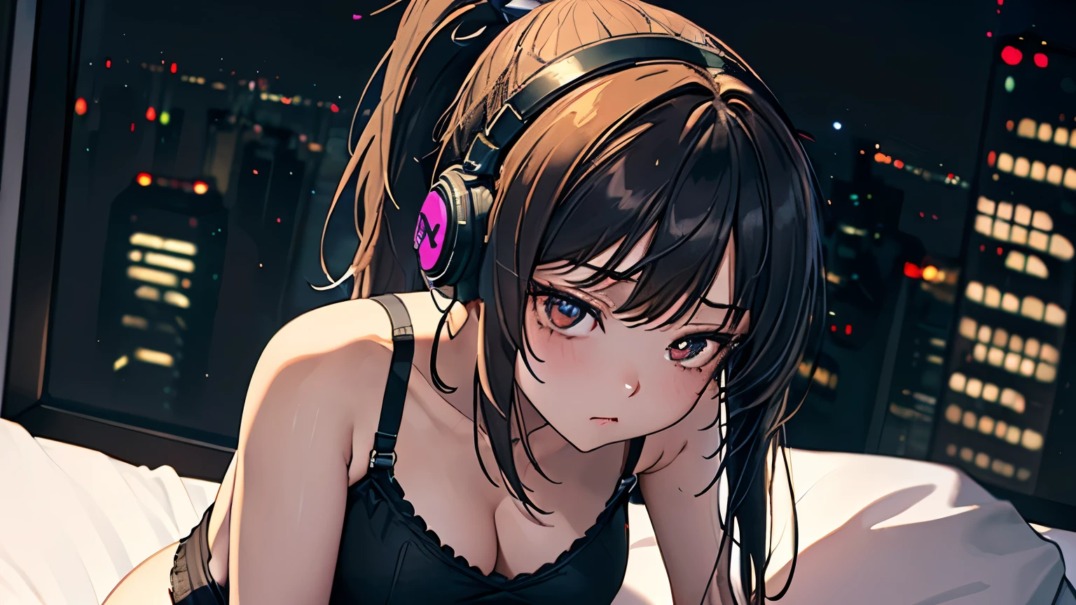 (Excellent: 1.2), (Highest quality: 1.2), (Super detailed: 1.2), (A girl living alone with headphones sitting on a bed, brunette, medium hair, ponytail, in underwear), (Coffee, neon lights, late night, beautiful skyscrapers outside the window, panoramic view of the city, large room, darkness,), (Lo-fi art style), (Perfect shading, highly detailed CG, masterpiece)