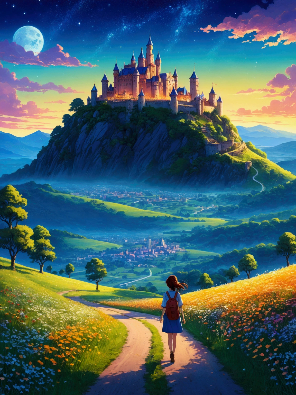 Illustration in anime style, Tranquil landscape meadow with young woman walking on the road, small shining flowers, firefly, magical lights, Overlooking the mountainous valley and the kingdom&#39;s great castle, stron clear blue sky, a few stars. Art style: Highly saturated and vivid color style, Intense, rich colors are vivid. Rendered in intense, exaggerated colors that emphasize natural beauty, An atmosphere filled with magical color films, high detail, best quality, 4K.