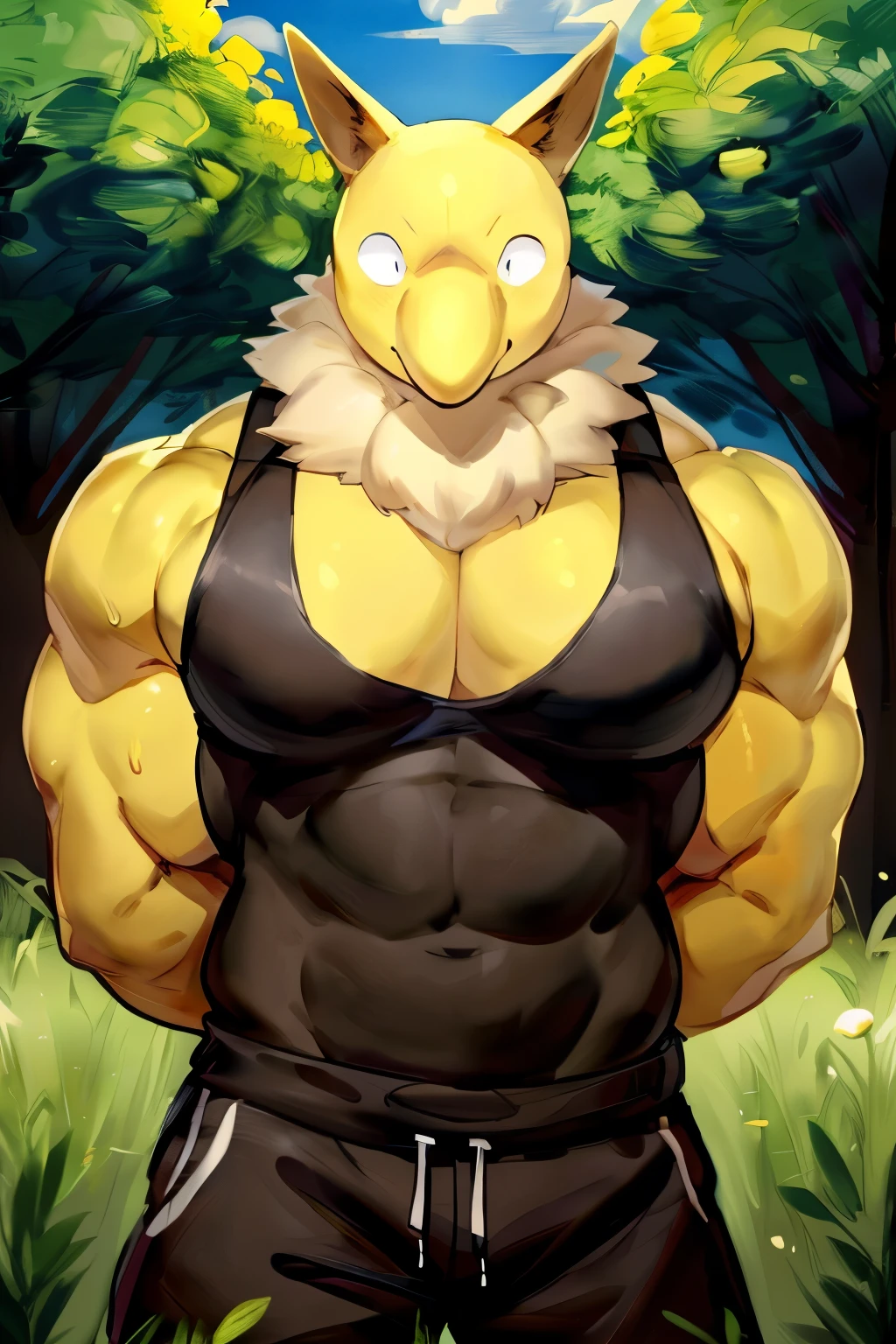 Furry, Anthro, solo, Hypno, Male, (((muscular body, massive thighs, massive male pectorals, fluffy neck, yellow skin, wearing black tanktop, wearing black sweatpants))), ((((massive biceps, hands behind back, standing))), ((((((massive bulky torso, wide-eyed, head tilted, facing viewer)))))), meadow, grass, forest in back, by buta99, by zackary911, by bebebebebe, (((digital painting)))