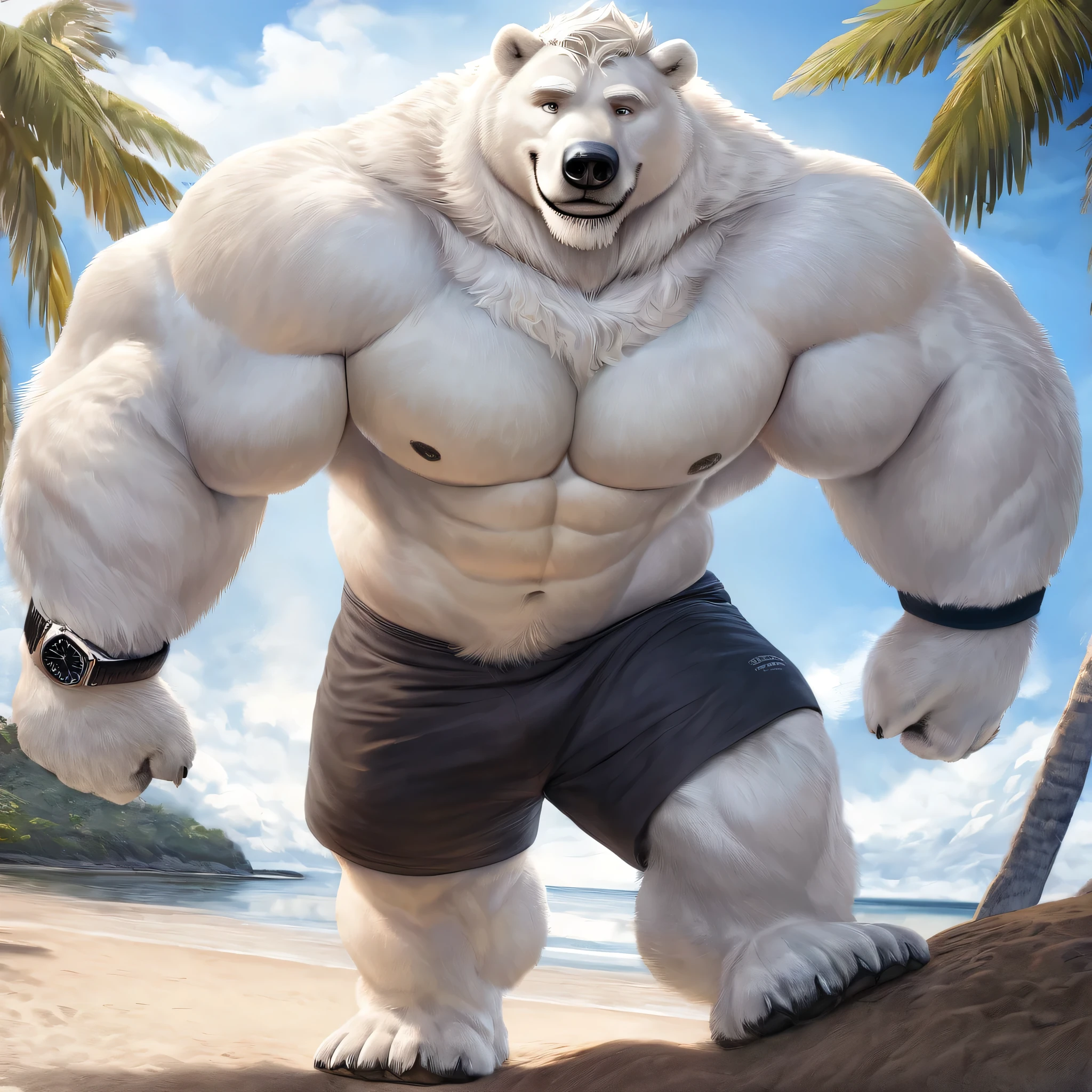 huge muscular polar bear on an island, big smile, polar bear, huge white fur, thick arm, huge arm, white mustache and beard. white hair, (muscular, pectoral, wide pectoral, thick arms), HEIGHT: 220CM, WEIGHT: 270KG, abs, beach, palm, realistic, 8k, masterpiece, added gray eyebrows, deatiled eyes, (wearing black shorts, wristband, watch, shirtless, topless and feet), training his strength feats