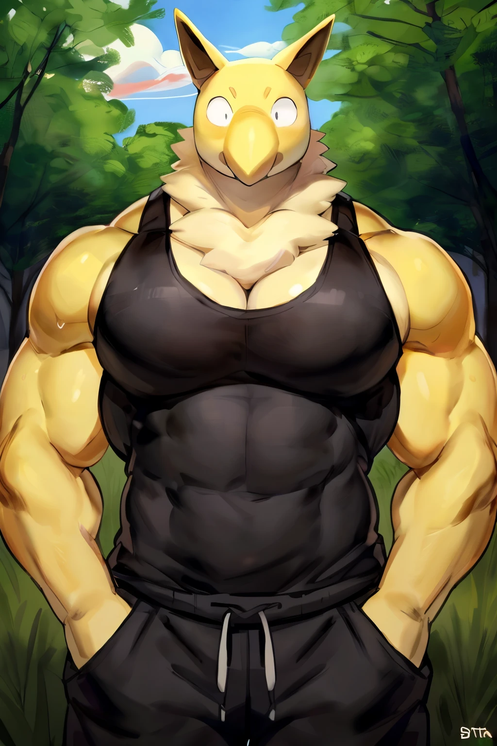 Furry, Anthro, solo, Hypno, Male, (((muscular body, massive thighs, massive male pectorals, fluffy neck, yellow skin, wearing black tanktop, wearing black sweatpants))), ((((massive biceps, hands behind back, standing))), ((((((massive bulky torso, wide-eyed, head tilted, facing viewer)))))), meadow, grass, forest in back, by buta99, by zackary911, by bebebebebe, (((digital painting)))