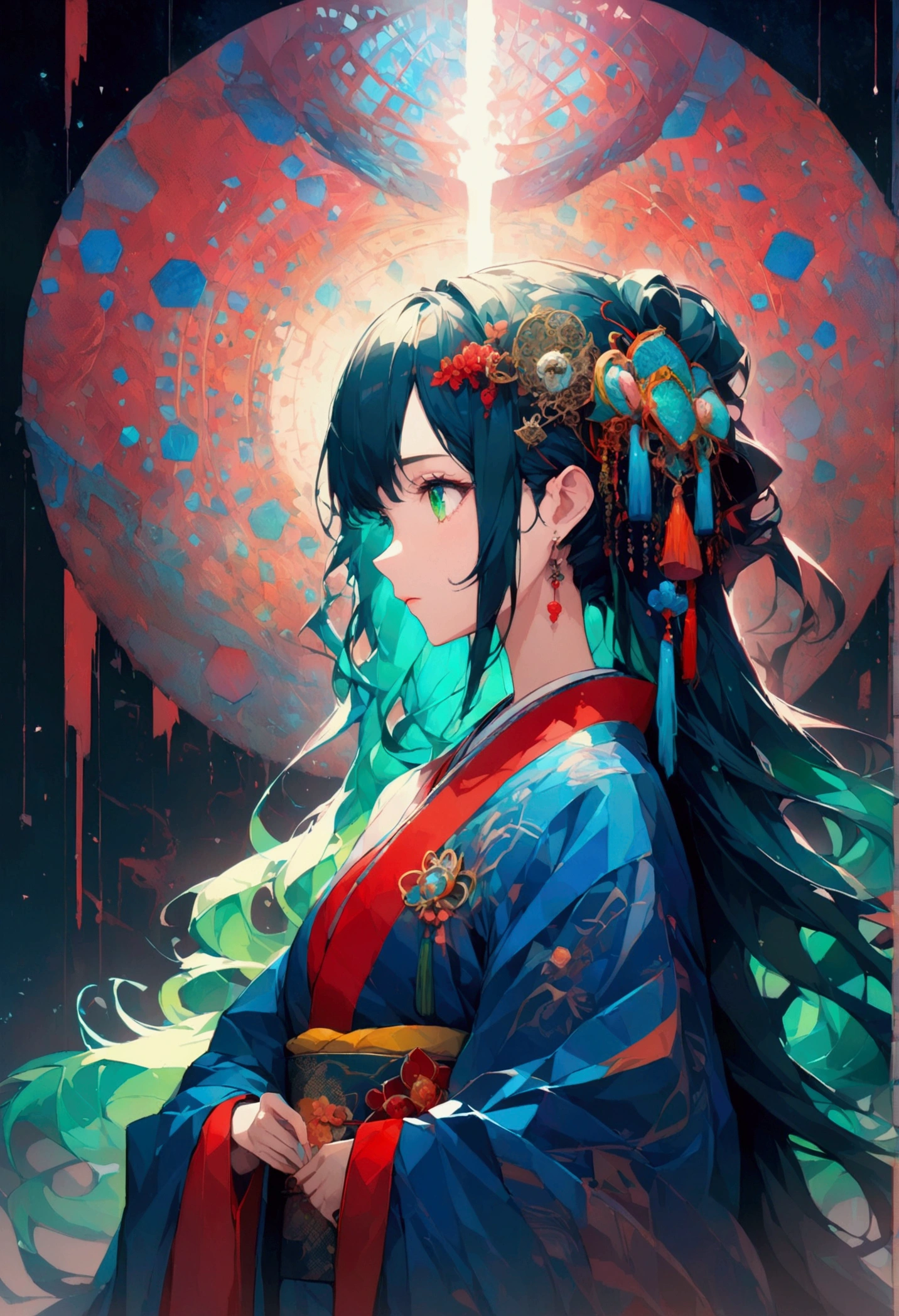 masterpiece, (beautifully、aesthetic:1.5), Surrealism, Very detailed, anime, A profile picture of a girl, wear Kimono, Her hair was adorned with beautiful ornaments, Long Hair, Green Eyes, Red and navy blue color palette, Hard brush, Binary Code Effect, Minimalist low poly collage illustration, Painting effect, Dark ink, Featured on pixiv, saturated color, Hypercube, Pixel Sorting, A magnificent composition, Epic proportions, Dynamic Lighting, High resolution