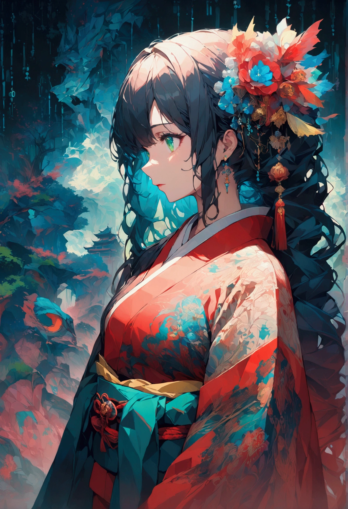 masterpiece, (beautifully、aesthetic:1.5), Surrealism, Very detailed, anime, A profile picture of a girl, wear Kimono, Her hair was adorned with beautiful ornaments, Long Hair, Green Eyes, Red and navy blue color palette, Hard brush, Binary Code Effect, Minimalist low poly collage illustration, Painting effect, Dark ink, Featured on pixiv, saturated color, Hypercube, Pixel Sorting, A magnificent composition, Epic proportions, Dynamic Lighting, High resolution