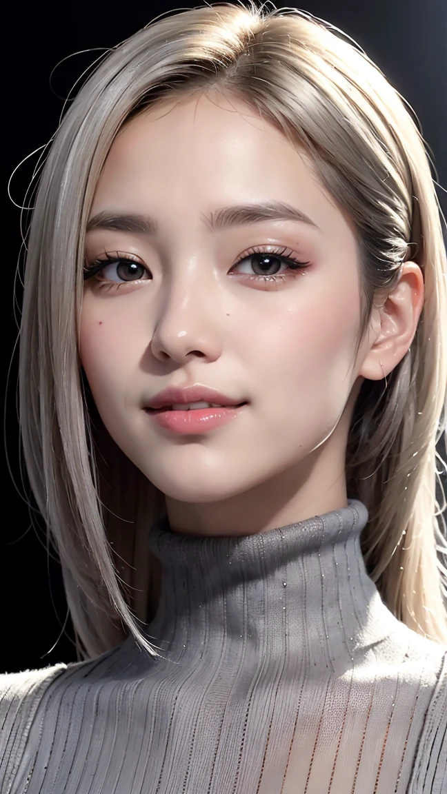 Realistic, masterpiece, Highest quality, Highest Resolution, A portrait of a Japanese woman depicting only the upper body, Happy smile, Slightly to the side, Definitely watching the audience, Beautiful attention to detail, Iris, (Hidden eyelid wrinkles:1.2), Thin eyebrows, Draw eyelashes carefully, Natural Makeup, Mid-length hair, Silver Hair, Detailed face, Thick black turtleneck sweater