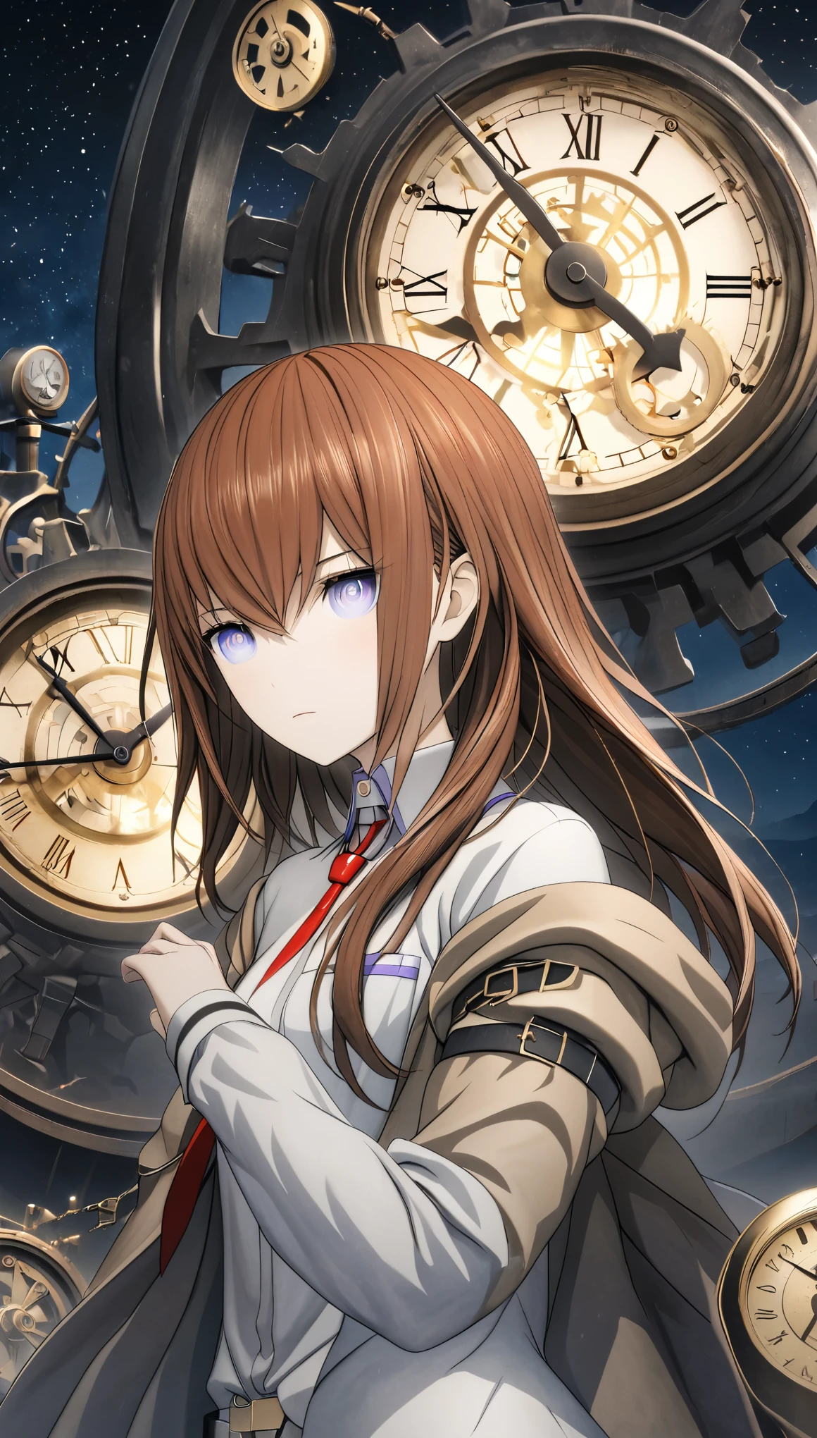 One girl, makise kurisu, Stein;Gate,3D Rendering, CG, , Portraiture, Half Shot, look up, Detailed Background, Detailed face, Dystopia [Futuristic|timeless], Impossible space, Circular pattern, (Style - Swirl Magic:1.0), hourglass, clockwork, Clock Gears, Outer space background, Magnificent atmosphere