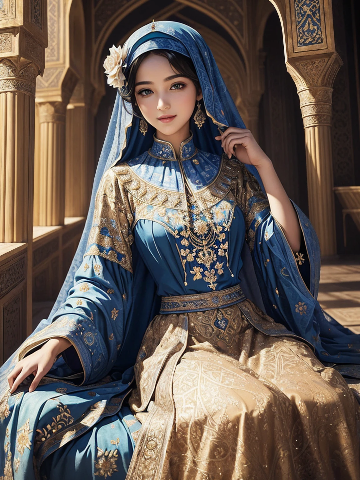 (masterpiece, Highest quality, Highest quality, Official Art, beautifully、aesthetic:1.2), (One girl:1.3), Very detailed,(Fractal Art:1.3),colorful,The most detailed medieval Islam、A pretty young woman in the Baghdad Royal Palace, Captivating smile、Wide-angle lens/2.8, Ultra-high resolution complex textures, Texture Indentation, The perfect perspective, Perfect geometry, Perfect floral pattern、Luxurious interior、squirt、Cool feeling、Dear、Arabian Nights