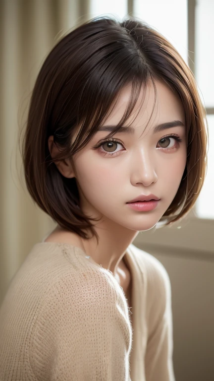 ((Browsing Caution))、(masterpiece:1.5)、(8k)、(Photorealistic:1.5)、RAW Photos、(Best image quality:1.4)、(Sharp focus:1.5)、 Highest quality、masterpiece、Ultra-high resolution、Perfect dynamic composition、 20-year-old、thin、Beautiful woman:1.4、Serious expression、 Wearing black knitwear、 Light brown hair、Bobcut、Shiny Hair、 Super detailed face、Detailed eyes、double eyelid、 Natural color lip、Clear Skin、