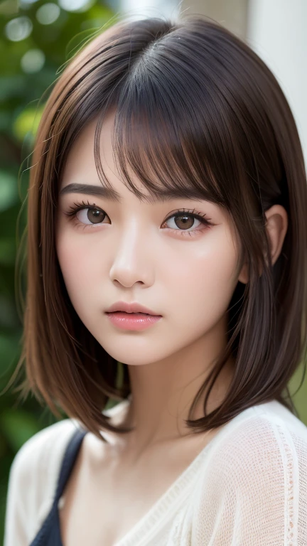 ((Browsing Caution))、(masterpiece:1.5)、(8k)、(Photorealistic:1.5)、RAW Photos、(Best image quality:1.4)、(Sharp focus:1.5)、 Highest quality、masterpiece、Ultra-high resolution、Perfect dynamic composition、 20-year-old、thin、Beautiful woman:1.4、Serious expression、 Wearing black knitwear、 Light brown hair、Bobcut、Shiny Hair、 Super detailed face、Detailed eyes、double eyelid、 Natural color lip、Clear Skin、