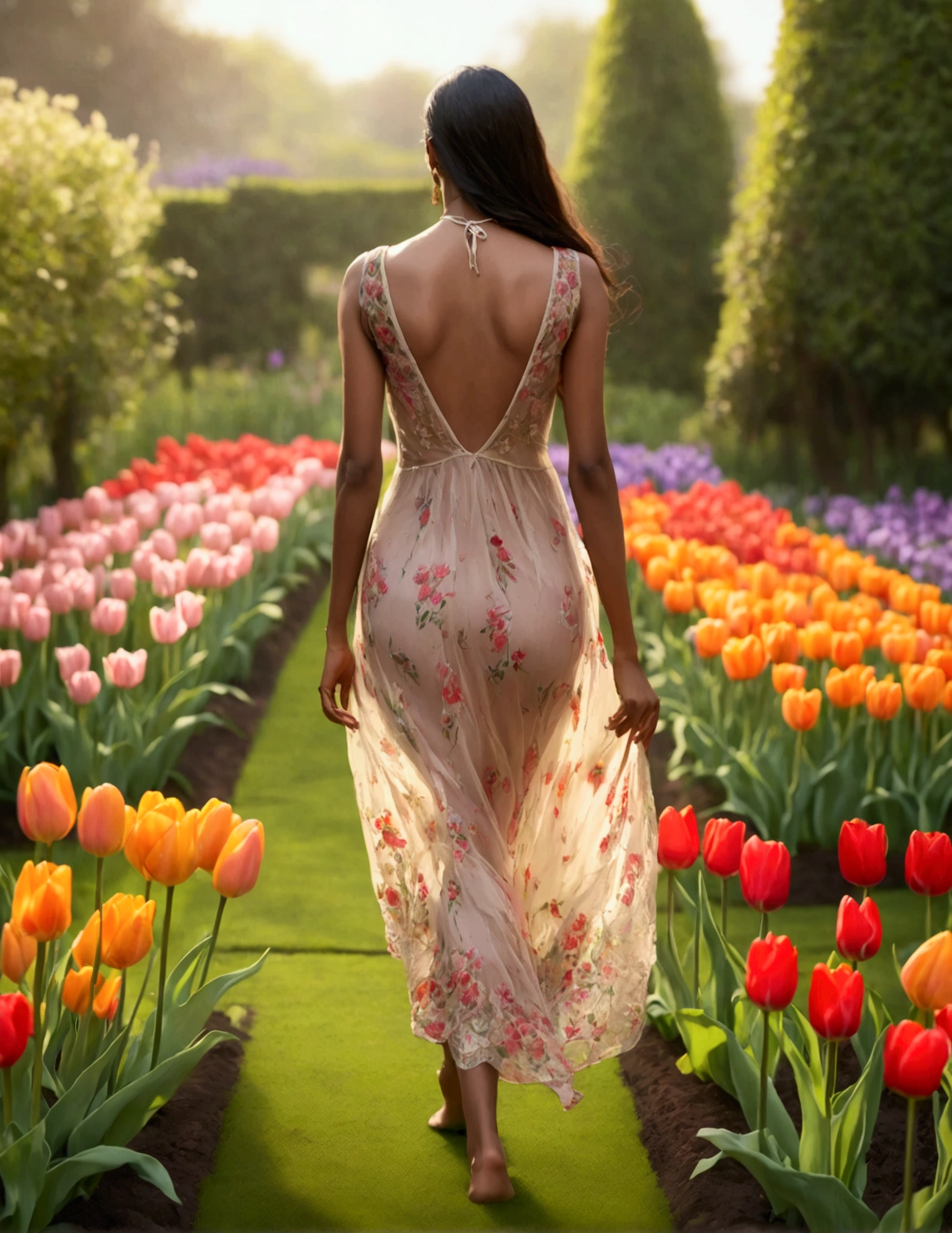 female Desi supermodel, age 25, sheer summer dress (back exposed) no underwear, barefoot, back to viewer, she is walking through a flower garden with many varieties of tulip, early morning
