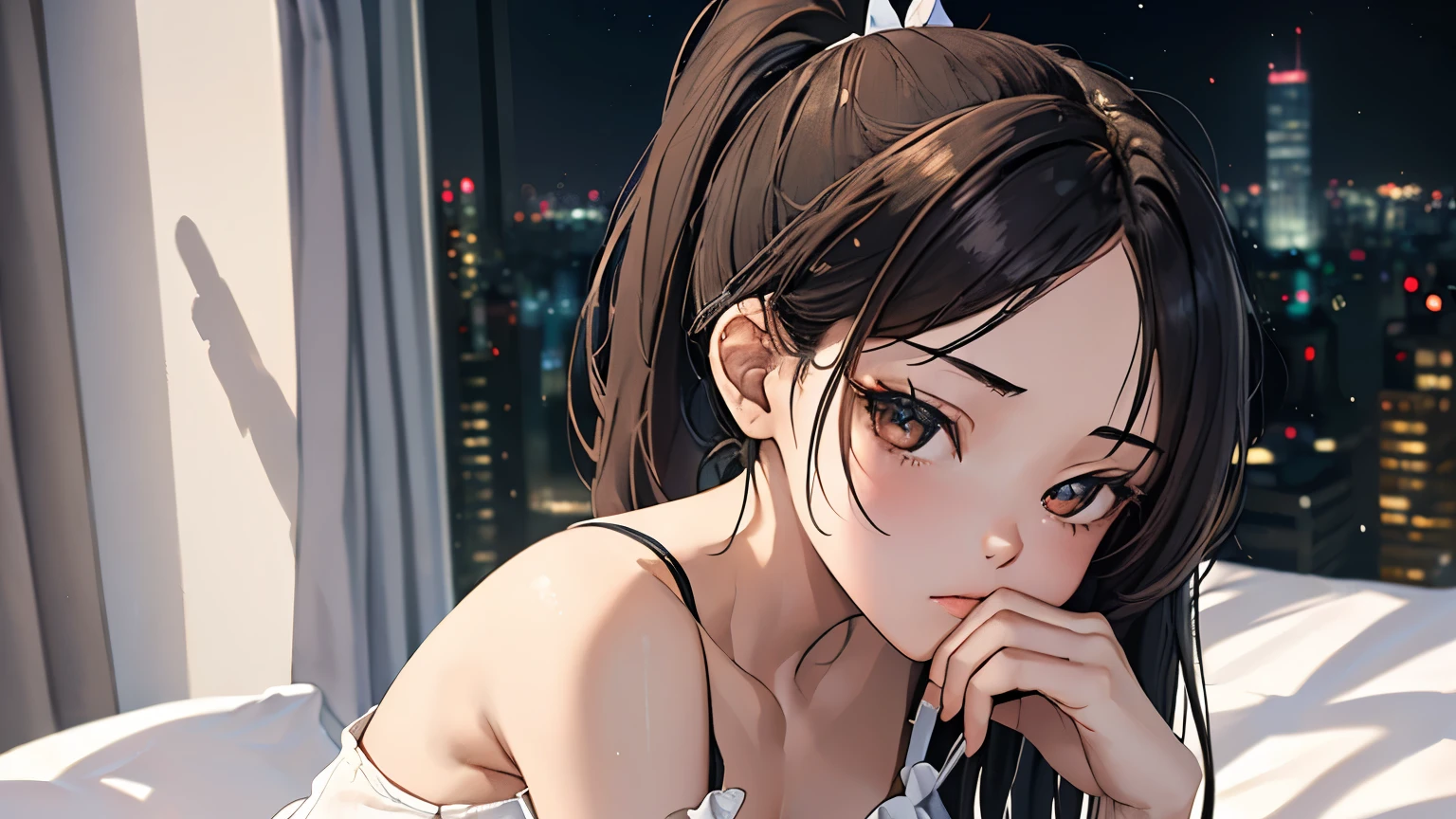 (Excellent: 1.2), (Highest quality: 1.2), (Super detailed: 1.2), (A young girl living alone sitting on a bed, brunette, medium hair, ponytail, loungewear), (Coffee, side table, late night, beautiful skyscrapers outside the window, panoramic view of the city, large room, darkness,), (Lo-fi art style), (Perfect shading, highly detailed CG, masterpiece)