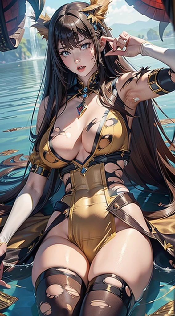 Overhead Shot,Floating on water,Lie in,behind,stretch,One girl,(Highly detailed skin),Curvy,,Beautiful breasts,Large Breasts,Pale skin,Pointed Chest,Erect nipples,(Fantasy art,Best image quality,Surreal portrait,(8k),Ultra-realistic,最high quality, high quality, High resolution, high quality texture,Attention to detail,Beautiful details,Fine details,Highly detailed CG,Detailed Texture,Realistic facial expression,masterpiece,Presence,dynamic,bold),Bob Hair,(Very fine hairs),(Very soft hair),(Super Straight Hair:1.5),Long, slicked bangs,Very light coppery amber hair,Hair on one eye,See-through costume,Orgasm,(Torn Costume:1.8)