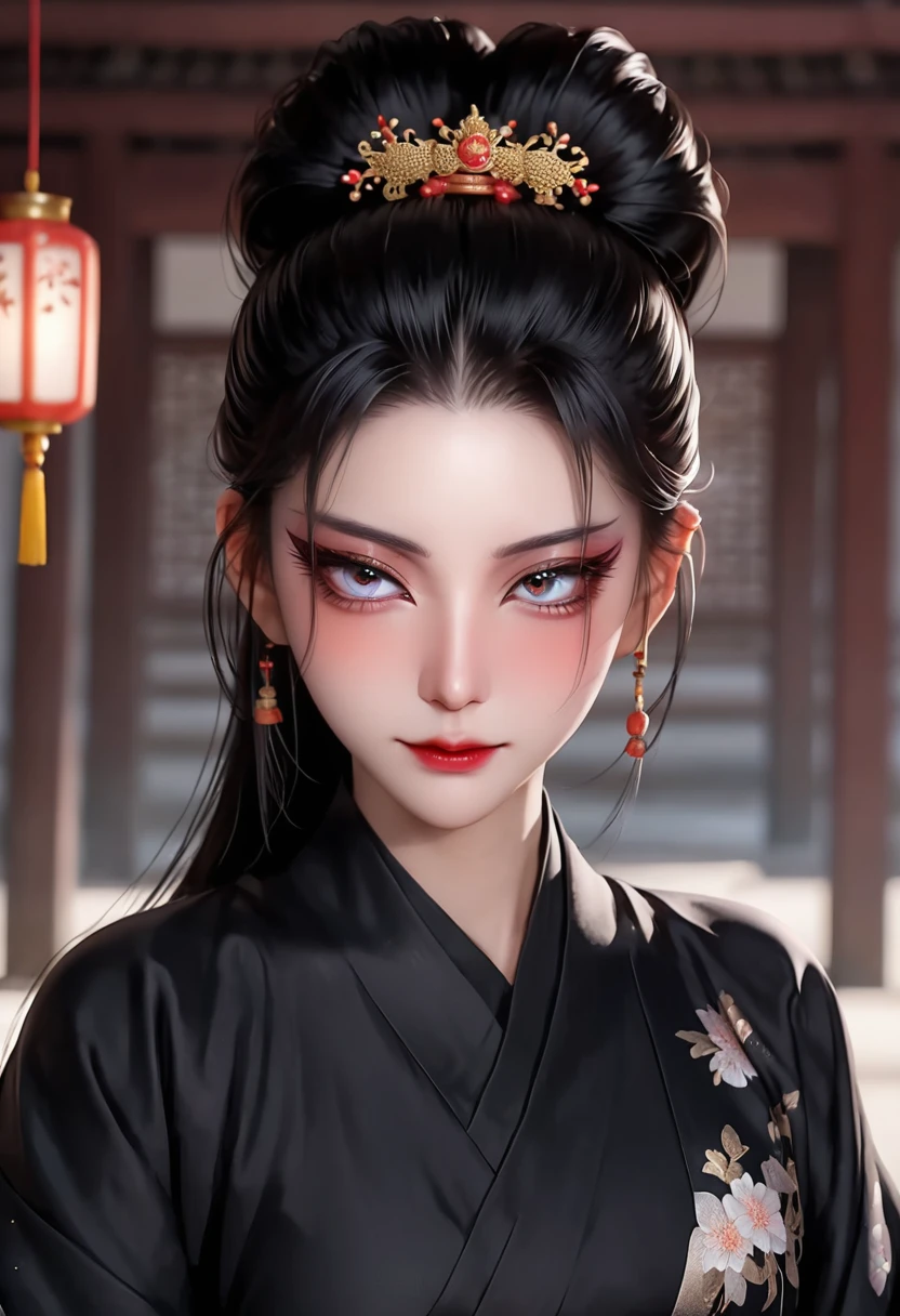 1 girl,Sexy,Black long hair,High Ponytail,Hair shine,Skin details,Beautiful facial features,Exquisite makeup,Exquisite eyes,Eye details,Dark eyeshadow,small freckles,Plain Hanfu,Shoulder,arm