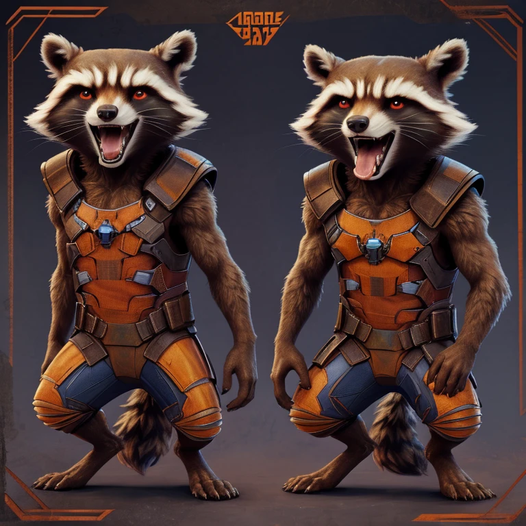 Rocket Raccoon (Guardians of the Galaxy 2014), Marvel Studios, CGI, Looking at viewer, Open Mouth, Tongue Out, Long Tongue, Wide-Eyed, Anatomically Correct, Seductive Smile, Raised Eyebrow, Oral Invitation, Simple background, Multiple Views, Full Shot, Character Sheet Full-Length, Character Design, Illustration, High Resolution, Super Detailed, Textured Skin