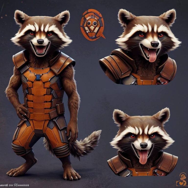 Rocket Raccoon (Guardians of the Galaxy 2014), Marvel Studios, CGI, Looking at viewer, Open Mouth, Tongue Out, Long Tongue, Wide-Eyed, Anatomically Correct, Seductive Smile, Raised Eyebrow, Oral Invitation, Simple background, Multiple Views, Full Shot, Character Sheet Full-Length, Character Design, Illustration, High Resolution, Super Detailed, Textured Skin