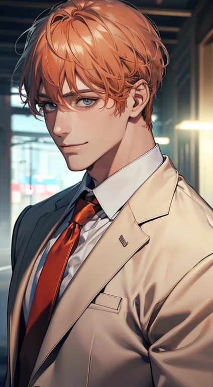 (Highest quality,4K,8K,High resolution,masterpiece:1.2),Super detailed,(Realistic,photoRealistic,photo-Realistic:1.37),1 person,34 years old,Mature Men,Beautiful skin、very handsome,Expressionless smile in love,Short gray orange hair,green eyes,Sharp Eyes,A perfect face without a doubt,Businessman, CEO, Office Background,Cinema Lighting,HDR image,tie、