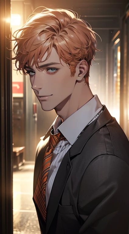 (Highest quality,4K,8K,High resolution,masterpiece:1.2),Super detailed,(Realistic,photoRealistic,photo-Realistic:1.37),1 person,34 years old,Mature Men,Beautiful skin、very handsome,Expressionless smile in love,Short gray orange hair,green eyes,Sharp Eyes,A perfect face without a doubt,Businessman, CEO, Office Background,Cinema Lighting,HDR image,tie、