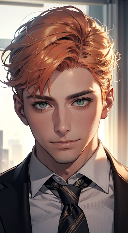 (Highest quality,4K,8K,High resolution,masterpiece:1.2),Super detailed,(Realistic,photoRealistic,photo-Realistic:1.37),1 person,34 years old,Mature Men,Beautiful skin、very handsome,Expressionless smile in love,Short gray orange hair,green eyes,Sharp Eyes,A perfect face without a doubt,Businessman, CEO, Office Background,Cinema Lighting,HDR image,tie、
