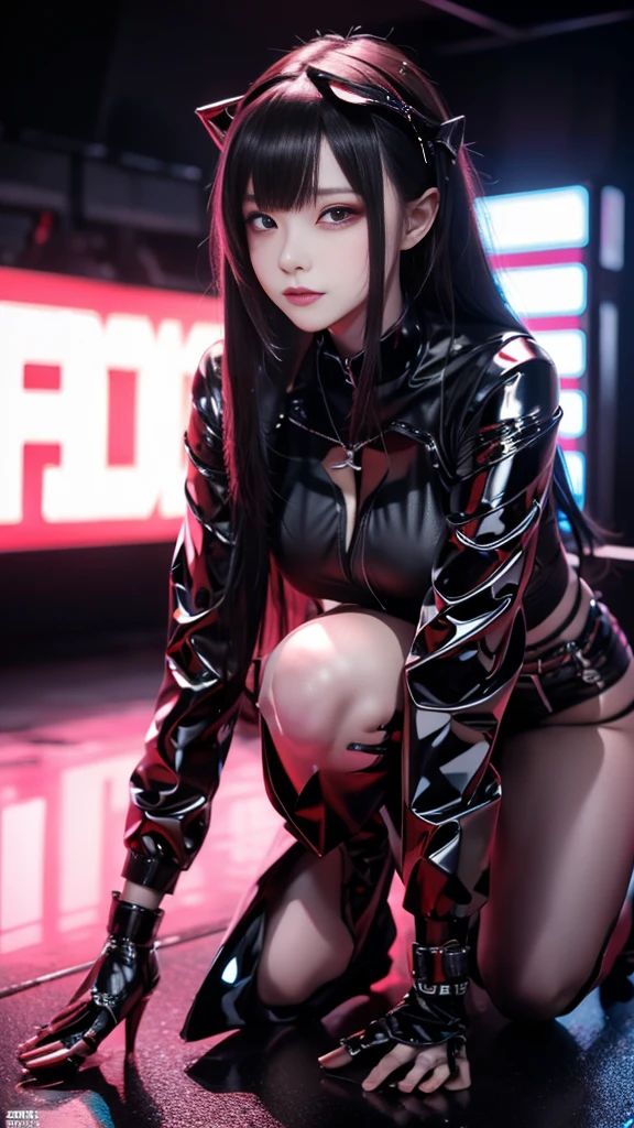 ultra-detailed, Explicit, Beautiful body, Beautiful Nose, Beautiful character design, perfect eyes, perfect face, ultra highres, 4K, beautiful legs, perfect legs, Nice hands, Perfect hand, Masterpiece, Best Quality, Highly detailed, illustration, absurdres, perfect anatomy, street fighter, doll suit, shadaloo doll, dollsuit, expressionless, blank eyes, looking at viewer, red gloves, emotionless, black latex, corrution, mind control, female combatant, full body, hypnotized, unhappy trance, full body suit, ribbed bodysuit, both arms at side, obey, perfect female body, extremely glossy latex, hypnosis, hypnoLora, empty eyes, Mind control device, poses, submissive_pose, Slave, kneeling down straight, kneeling down, kneeling down at attention, hat, necktie, belt, latex, ribbed bodysuit, thighhighs, garter belt, Fighting Stance, extending the right arm from the shoulder into the air with a straightened hand, military, thigh boots, 1girl, hair ornaments, blue hair, long hair, purple eyes, (((pixel-perfect, detail-perfect))), solo, 1girl, Eua, Featherine Augustus Aurora, higurashi when they cry, umineko when they cry, big breasts