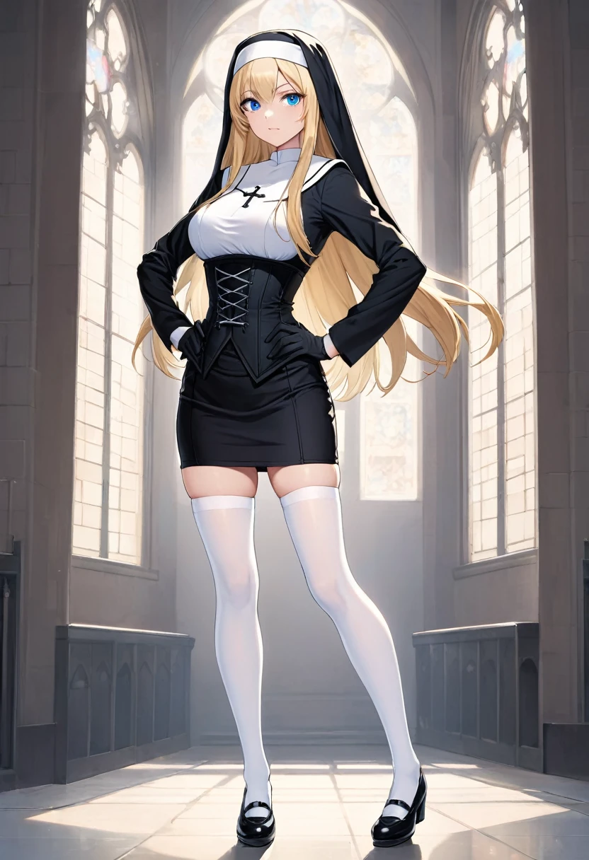 Black miniskirt , black shoes , pencil skirt , whole body , thighs , blonde hair , blue eyes , straight hair , white stockings , face , Black gloves , nun's clothes , long sleeves , corset , standing posture