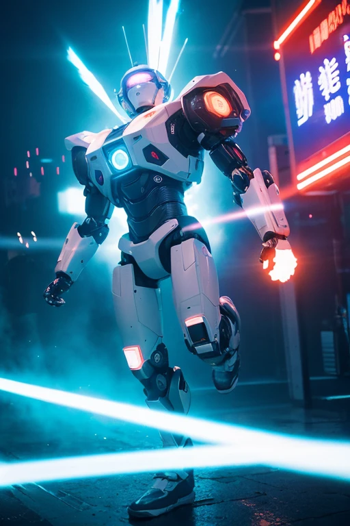 Giant humanoid robot running。
White body color。
Booster pack on the back。
Atmosphere。
Lens flare。
Streaks。
Neon Signs。
typography。
Artificial satellites fly。
Bloom, Dithering, scan lines, Anaglyph, Cinematic light effects, Godley, reflected light,