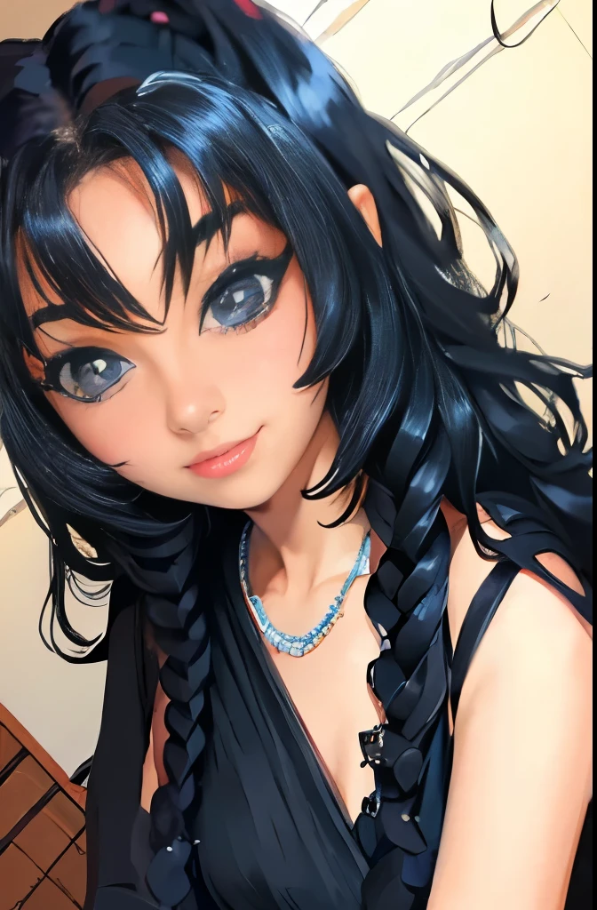 masterpiece, best quality, 1girl, solo, ((mature female)), round pupils, long hair, hair, princess, black dress, fantasy, happy, looking at viewer, cartoon, anime, (oil painting)