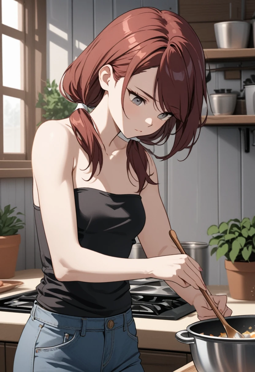 stoic,young woman leaning forward, head tilt, looking down, upper body, close up, Gray eyes, dark red hair, swept bangs, low twin tails, white ribbons, black strapless shirt, jeans, small breasts, toned arms，Cooking in the kitchen, wooden walls, potted plant, window, Hold the bowl in your right hand，Hold a spoon in your left hand