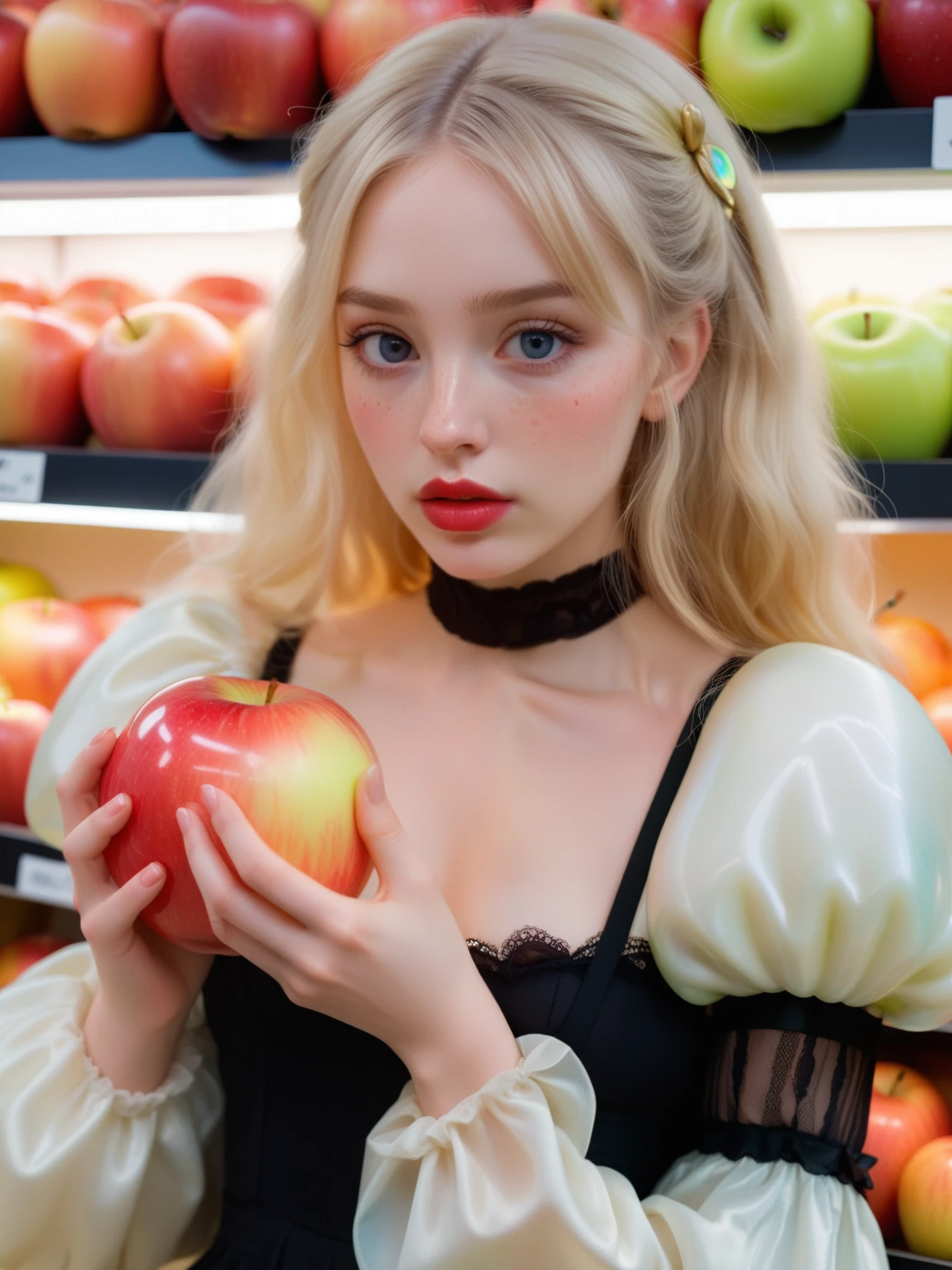 brightly-lit supermarket, a young woman is holding a strange and unusually large glowing apple, wrapped in a translucent film, and its glow illuminates the woman's face, casting an ethereal light on her pale, flawless skin. She has pale freckled still, delicate features, and long blonde hair. dark mascara, dark eyeliner, glossy, red lipstick, She is dressed in a tight rococo mini-dress. puffy sleeves, Her eyes are downcast, and her expressive face is tinged with sadness, as if she is embarrassed to be seen with the unusual apple. 