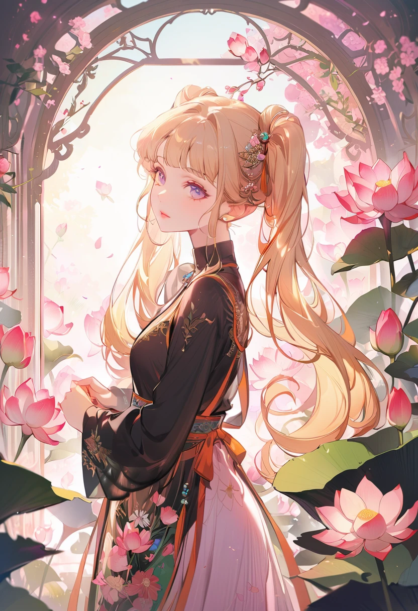 Poster,(a lot:1.2),((Art Deco,Botanical Art,Flower Art)),(Floral:1.2),Lotus flower, (masterpiece, Highest quality),(Vibrant colors,colorful),(Amazing details,Detailed Background),Anatomically correct,Accurate drawing,Detail View,Sense of luxury, Beautiful girl with perfect face,very_Long eyelashes, Detailed lips, Cool look, Soft Skin, ,Vibrant Background, Natural light,The cutest girl in the world,Exquisite makeup,Long blonde hair with pink mesh at the ends, Twin tails, The maid uniform is black, I have a gun in my hand,