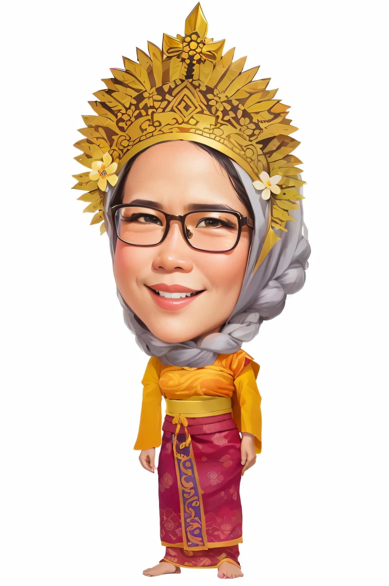 a cartoon of a woman wearing a headdress and glasses, inspired by I Ketut Soki, caricature illustration, potrait, cartoon portrait, caricature, inspired by JoWOnder, protrait, in cartoon style, caricature style, inspired by Mym Tuma, full protrait, inspired by Basuki Abdullah, cartoon artstyle, chibi