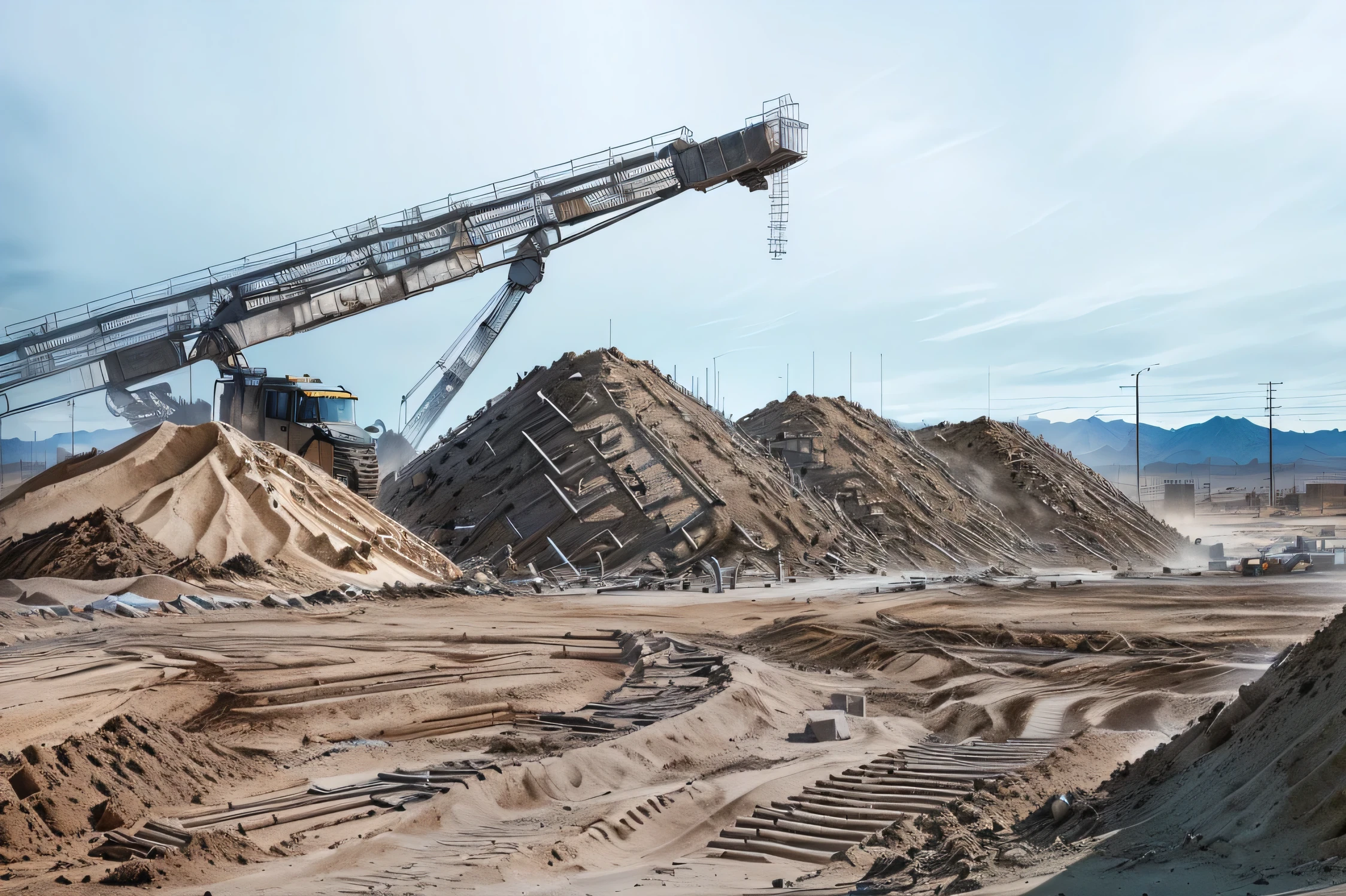 construction site dirt pile sand pile puddle tire tracks wasteland post-apocalyptic style hyper-realistic gray scale
