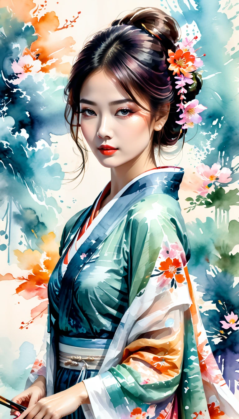 painting of a Japanese woman with a kimono, art of alessandro pautasso, in style of digital illustration, watercolor artstyle, epic portrait illustration, beautiful art uhd 4 k, color portrait, detailed color portrait, watercolor style, stunning digital illustration, gorgeous digital art, colorfull illustration, watercolor digital painting, beautiful digital artwork, style digital painting