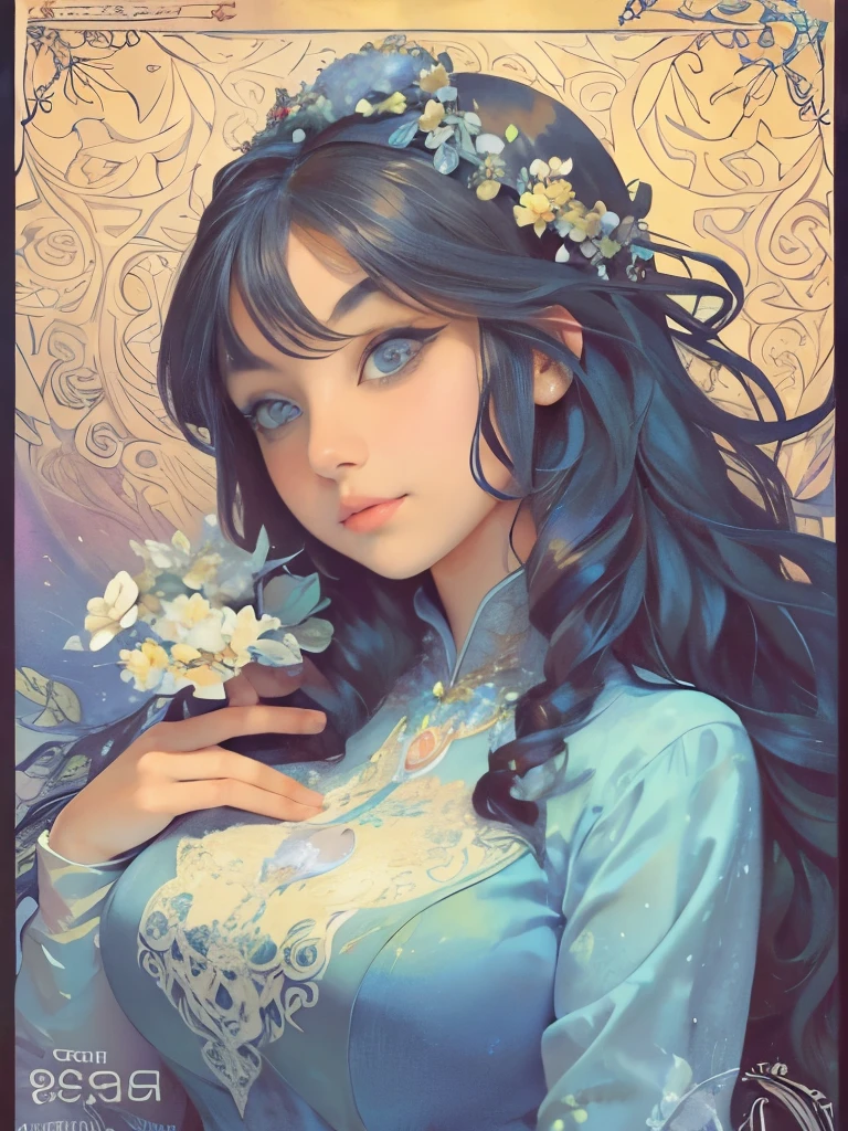 An ultrafine detailed watercolor painting of a gorgeous woman with flowers in her hair, in the style of Alphonse Maria Mucha and Gustav Kilmt, art nouveau accents, fairy princess, anthropomorphic female, female figure, detailed cover artwork, as the goddess of the flowers, Alphonse Mucha, Gustav Klimt, pale bluish skin, a marble sculpture, cgsociety, gothic art, art nouveau, behance contest winner